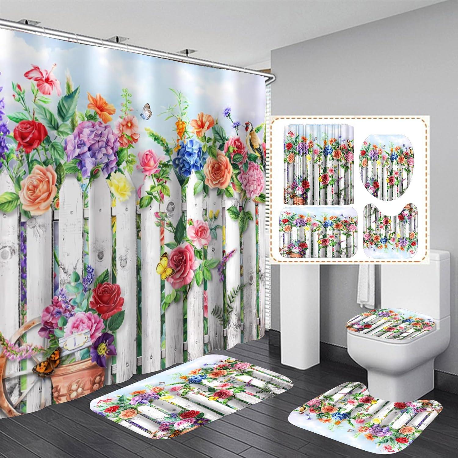 DDQQ 4Pcs Floral Shower Curtain Set with Rugs Bathroom Sets Farmhouse Shower Curtain with 12 Hooks Gray Wood Bird Bathroom Decor with Rugs Bath Accessories with Mats Toilet Lid Cover