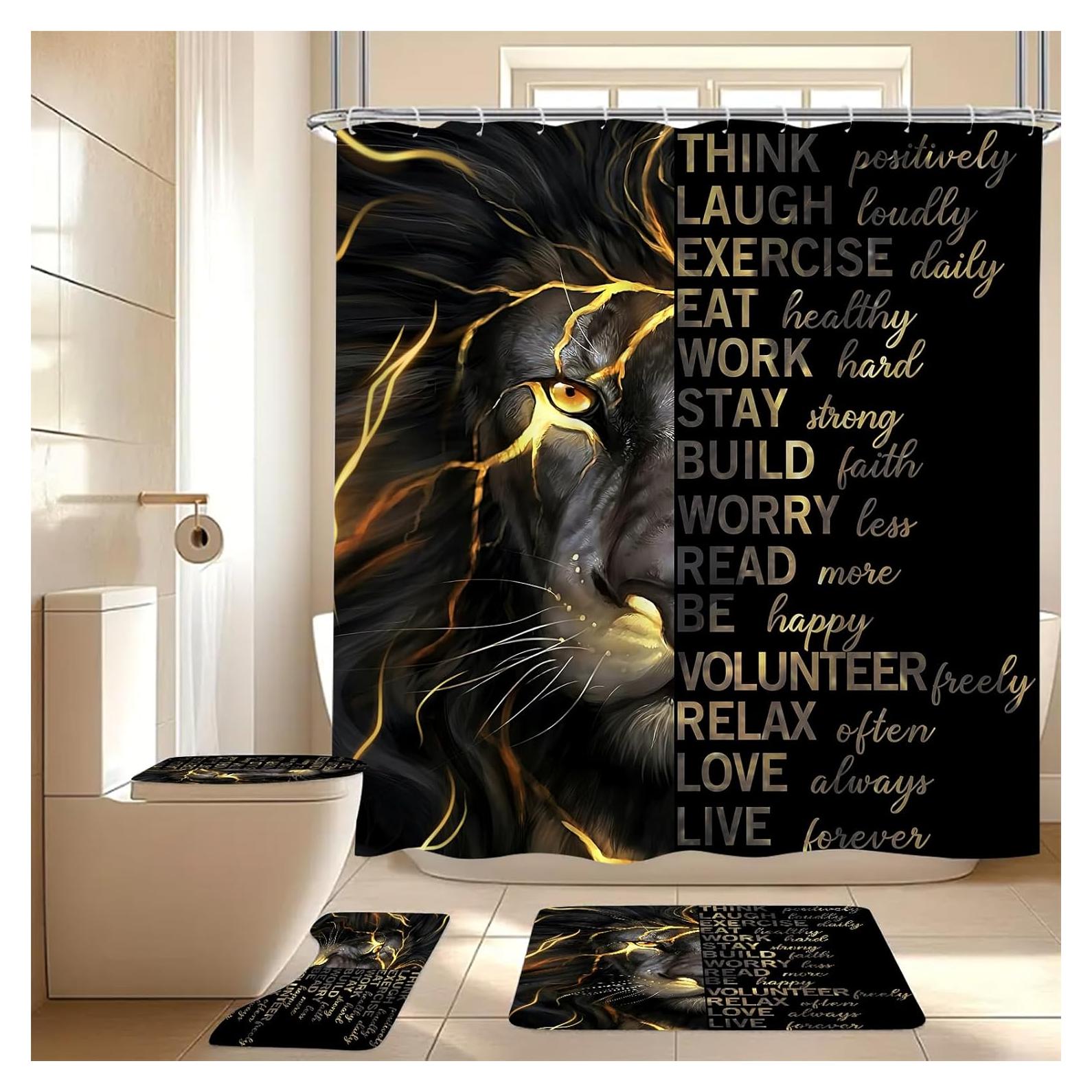 Juego de Cortina de Ducha EMHOME 4 Piezas León Negro y Dorado