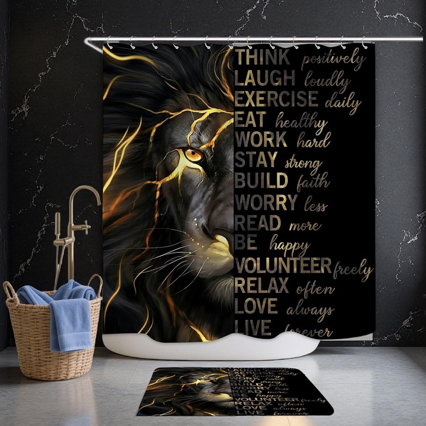 Juego de Cortina de Ducha EMHOME 4 Piezas León Negro y Dorado