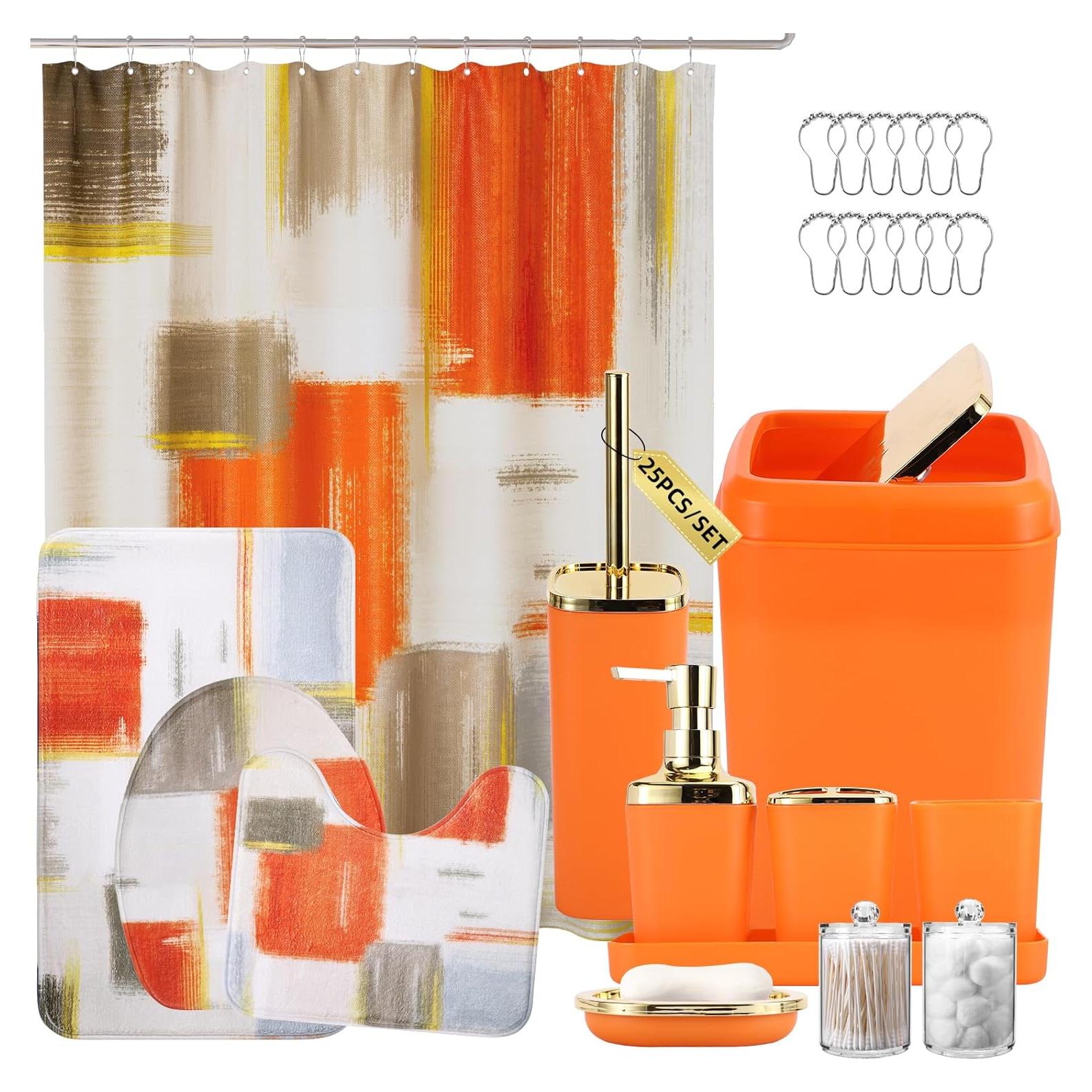 Bathroom Set - Orange Bathroom Accessories Set, Bathroom Sets with Shower Curtain and Rugs, Orange Shower Curtain Set with Bathroom Trash Can, Soap Dispenser, Soap Dish for Home Decor
