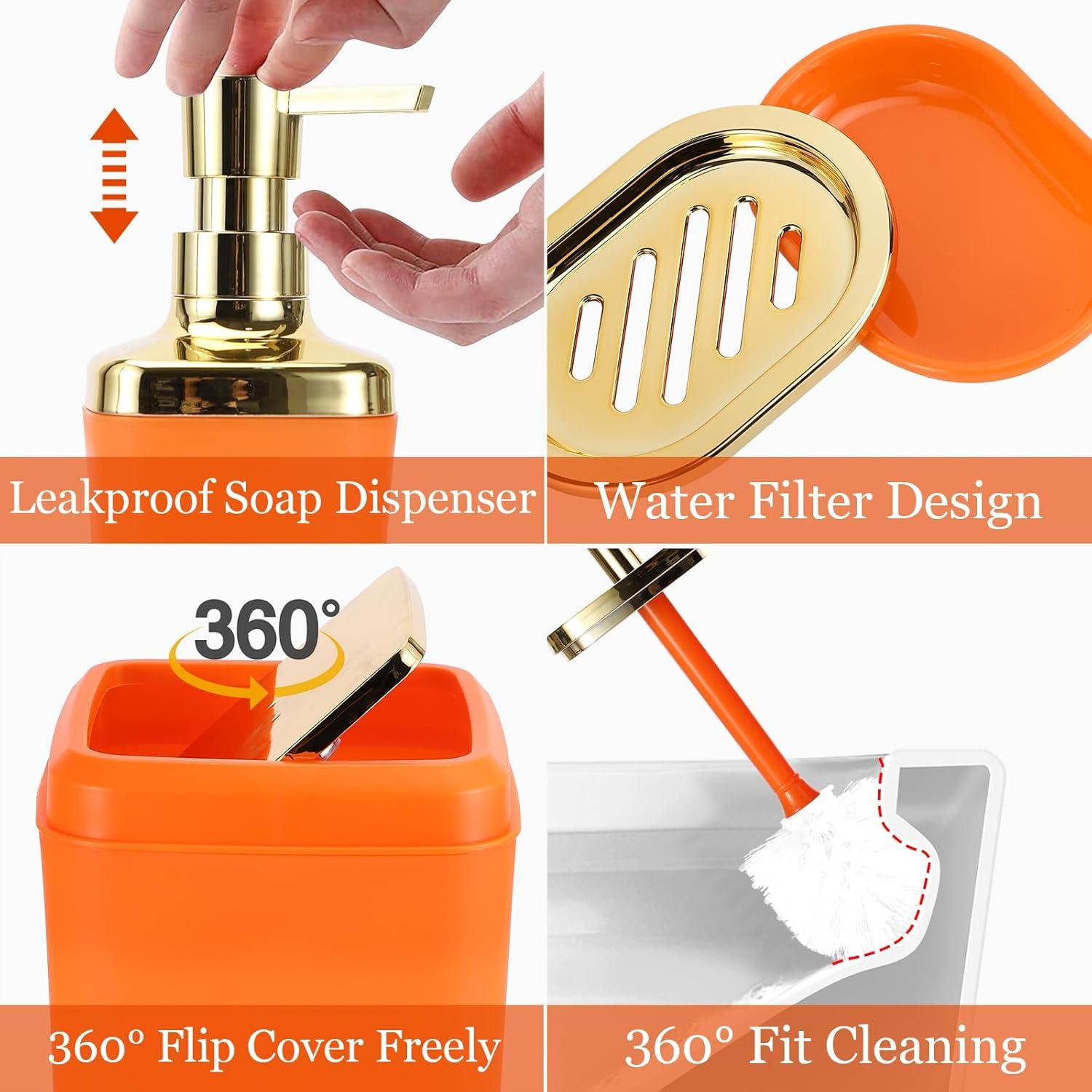 Bathroom Set - Orange Bathroom Accessories Set, Bathroom Sets with Shower Curtain and Rugs, Orange Shower Curtain Set with Bathroom Trash Can, Soap Dispenser, Soap Dish for Home Decor