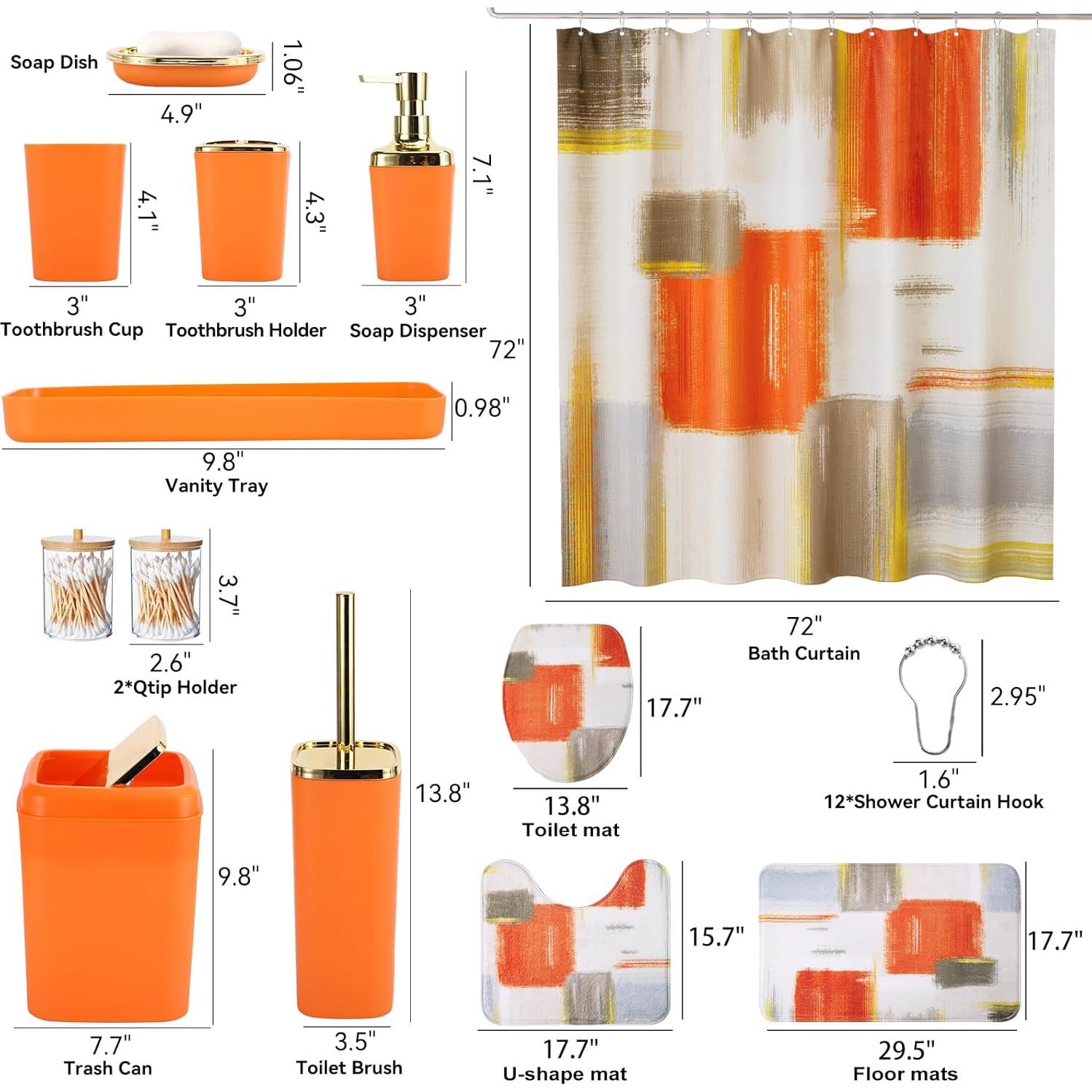 Bathroom Set - Orange Bathroom Accessories Set, Bathroom Sets with Shower Curtain and Rugs, Orange Shower Curtain Set with Bathroom Trash Can, Soap Dispenser, Soap Dish for Home Decor