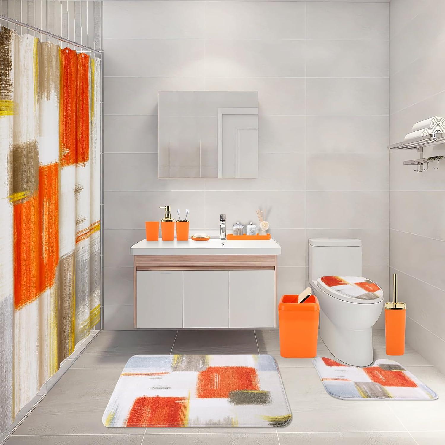 Bathroom Set - Orange Bathroom Accessories Set, Bathroom Sets with Shower Curtain and Rugs, Orange Shower Curtain Set with Bathroom Trash Can, Soap Dispenser, Soap Dish for Home Decor