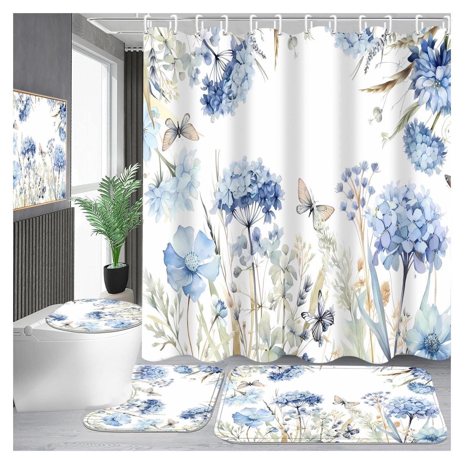Juego de baño 4 piezas Pretyw con cortina floral azul
