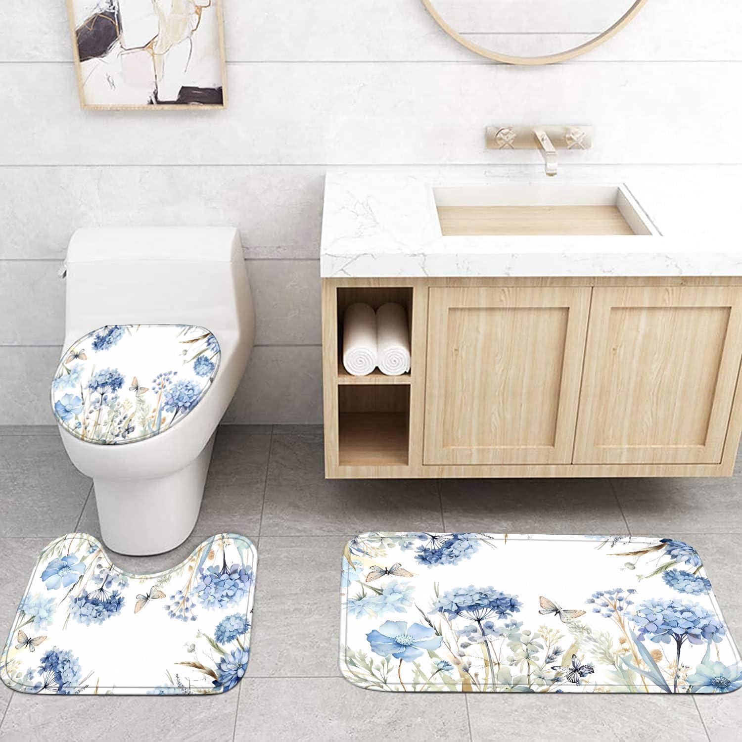 Juego de baño 4 piezas Pretyw con cortina floral azul
