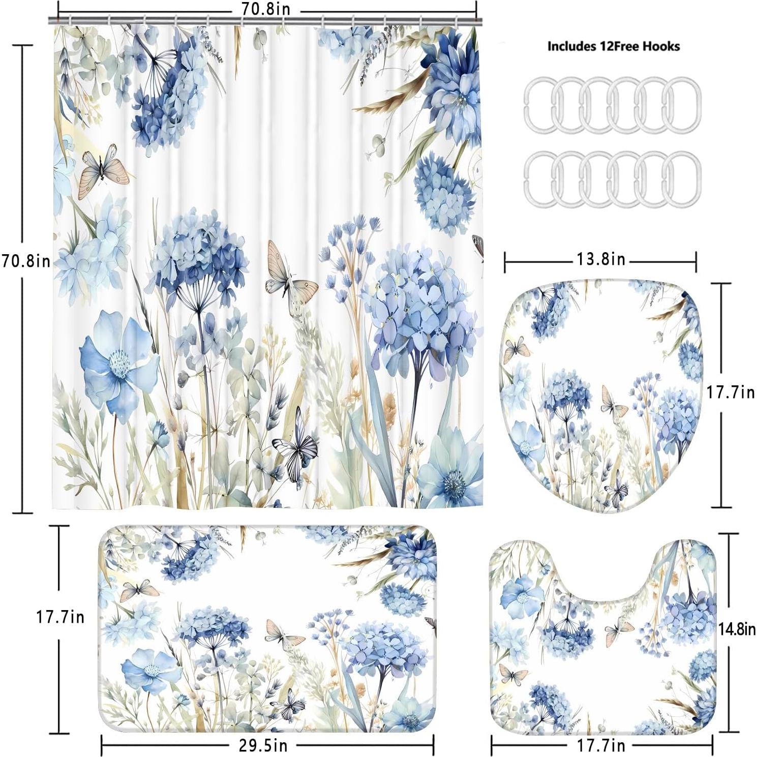 Juego de baño 4 piezas Pretyw con cortina floral azul