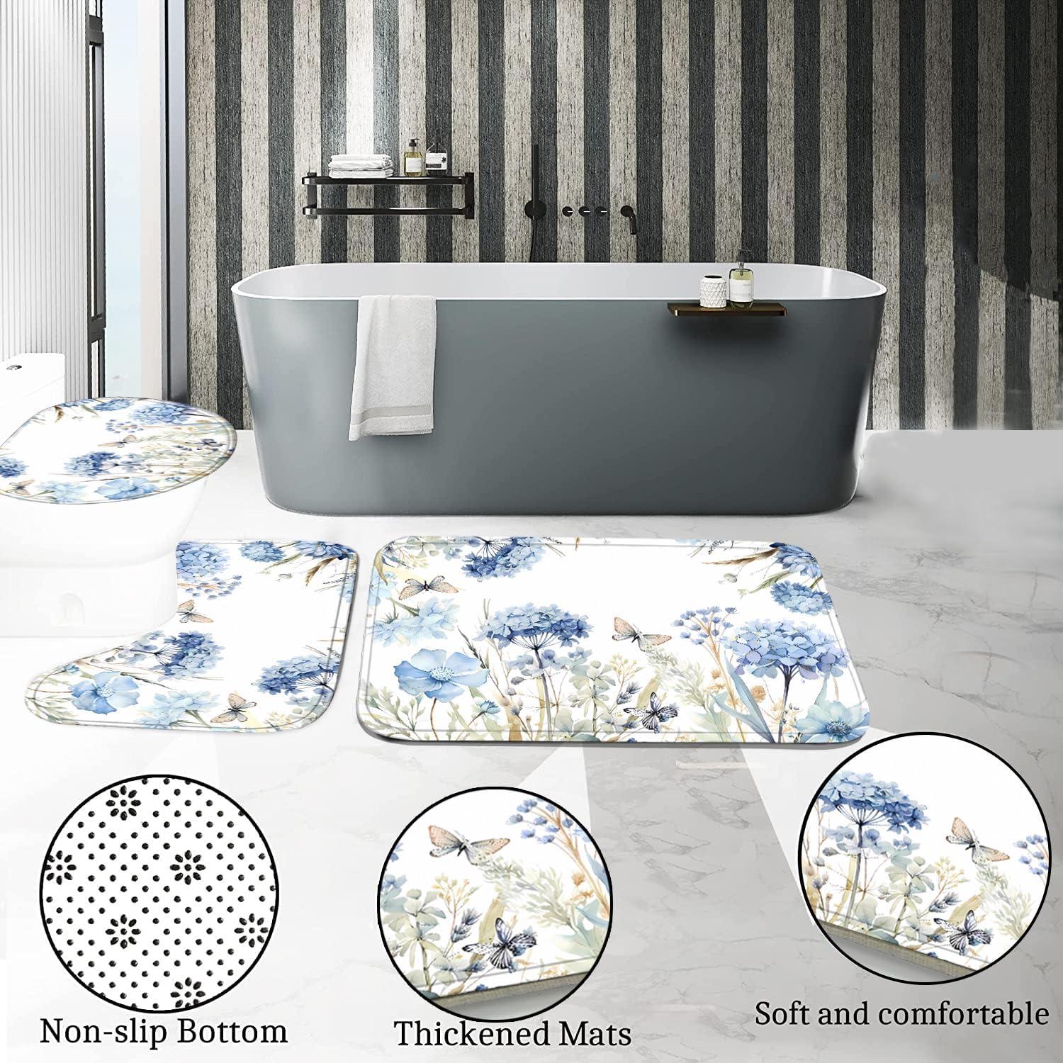 Juego de baño 4 piezas Pretyw con cortina floral azul