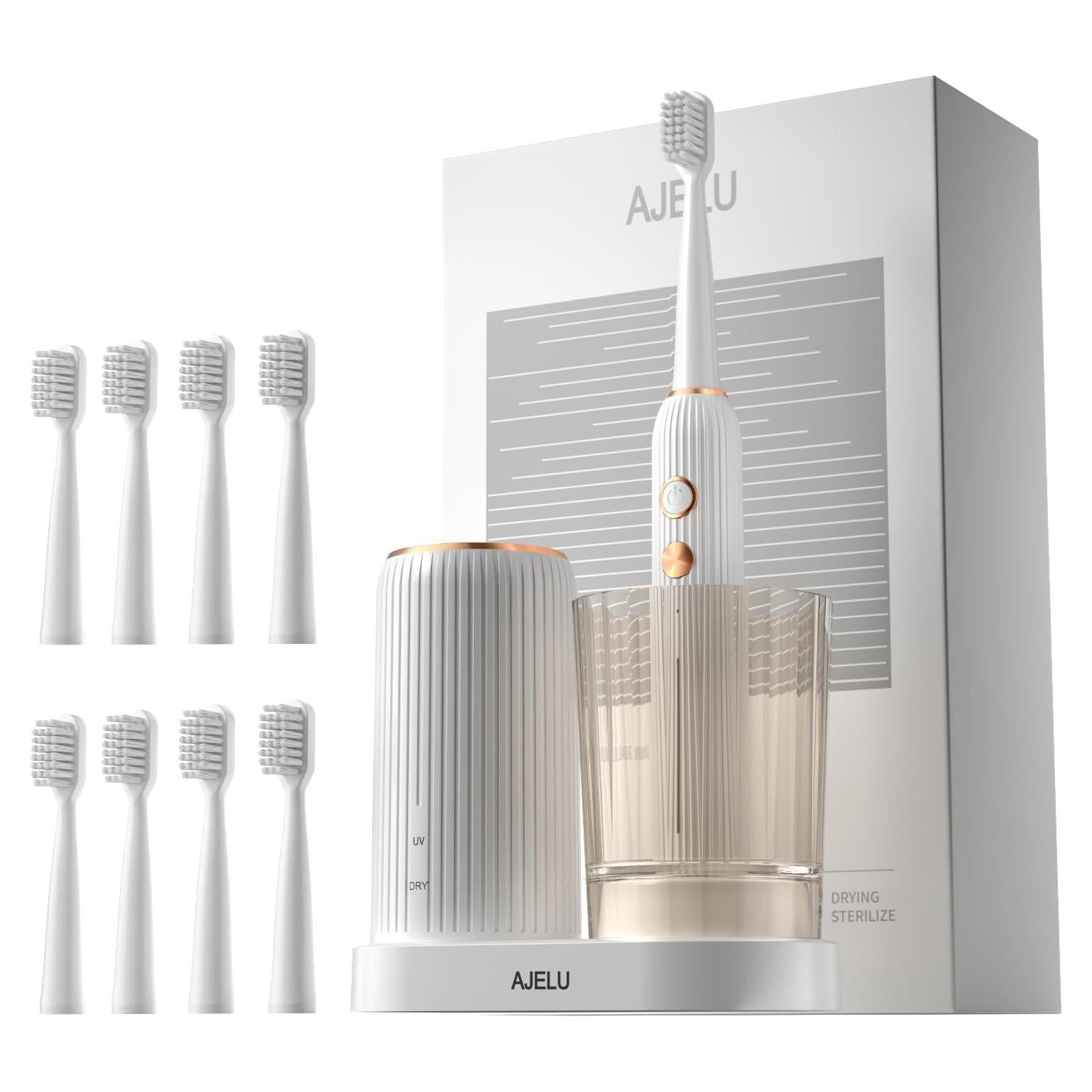 Juego de Cepillos de Dientes Eléctricos AJELU con 8 Cabezas y Soporte UV