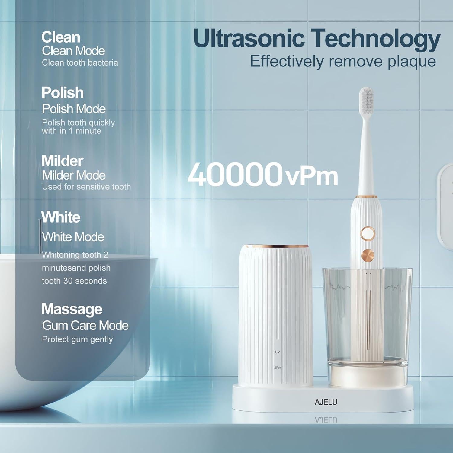 Juego de Cepillos de Dientes Eléctricos AJELU con 8 Cabezas y Soporte UV