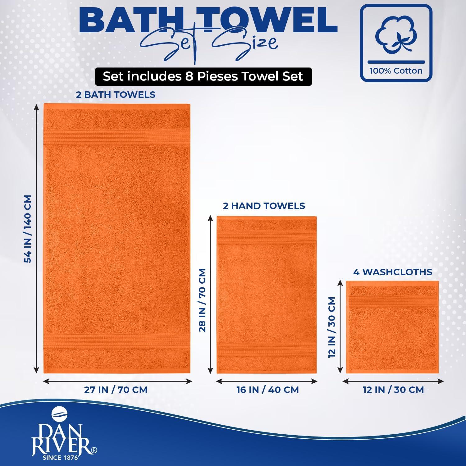 Juego de Toallas de Lujo Dan River 8 Piezas 100% Algodón Naranja