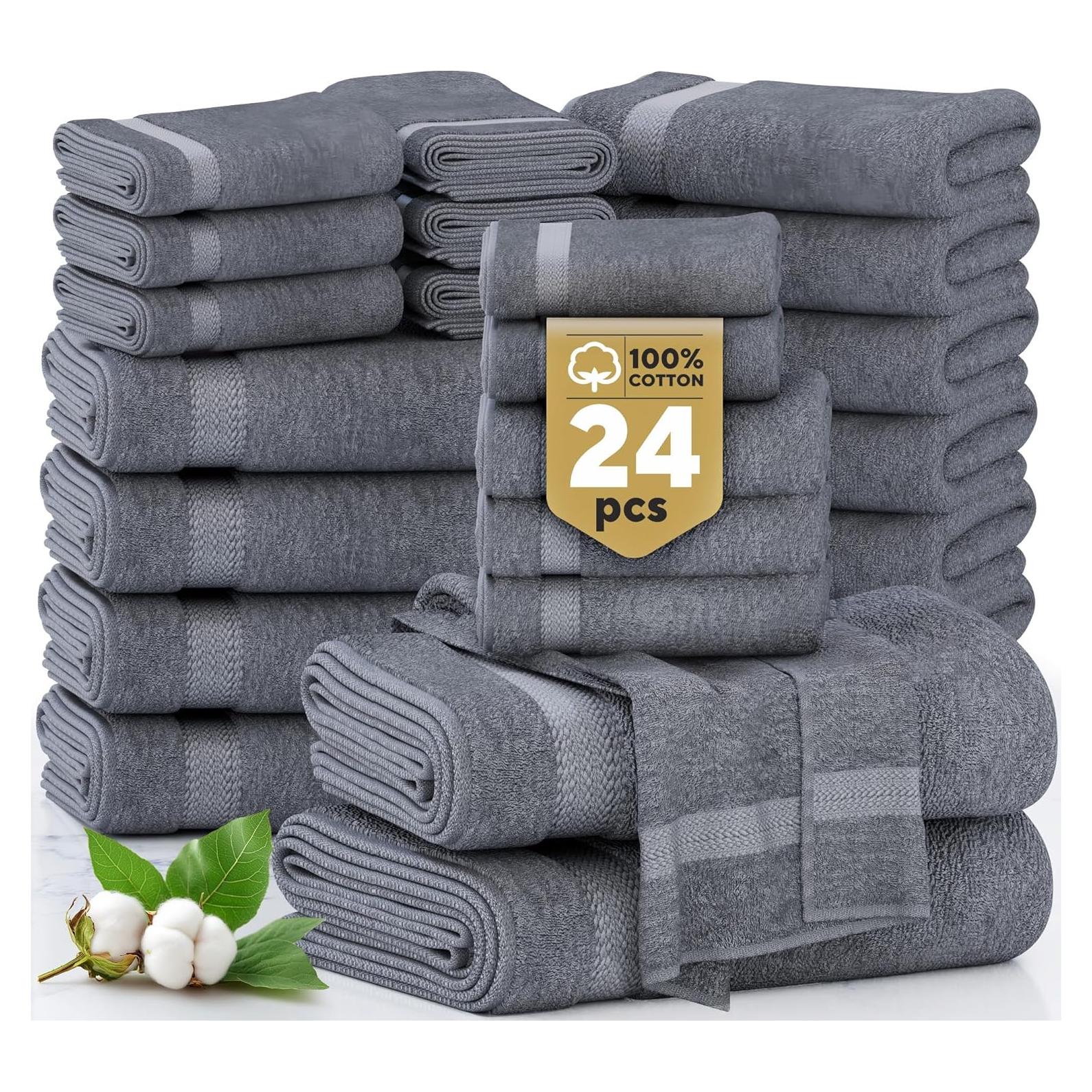 Juego de Toallas de Baño Lane Linen 24 Piezas 100% Algodón Gris