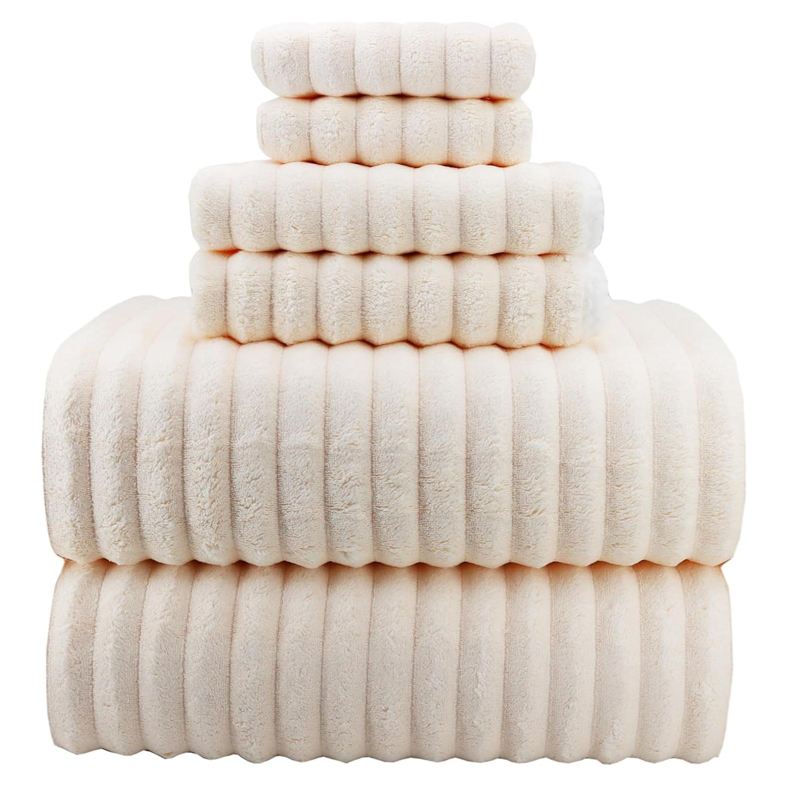 YTYC 39x78 Inches Oversized Bath Sheets Towels Set of 6 Large Towels for Bathroom Luxry Plush Super Soft Absorbent Stripe Hanging Loop Microfiber 80% Polyester (Cream,6)