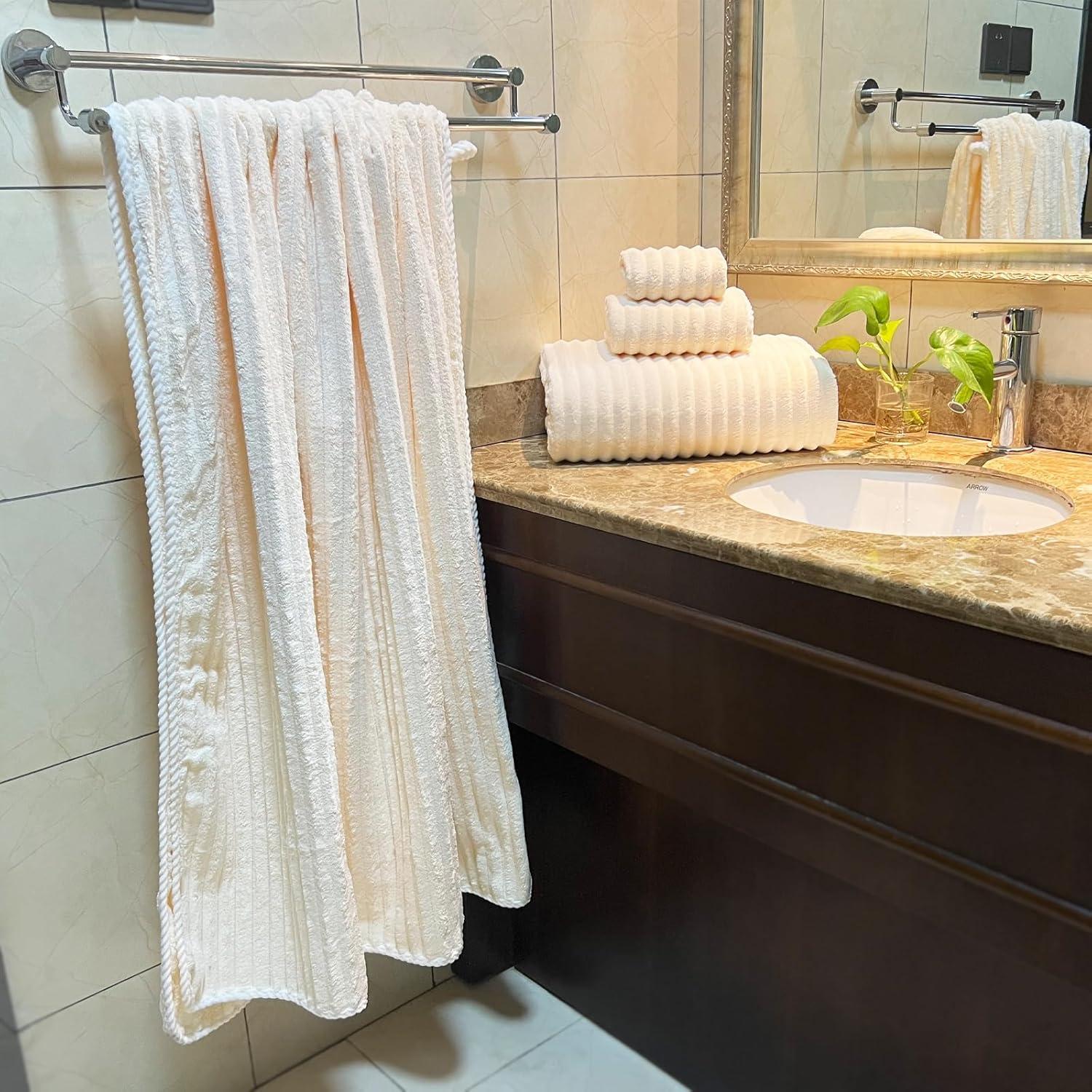 YTYC 39x78 Inches Oversized Bath Sheets Towels Set of 6 Large Towels for Bathroom Luxry Plush Super Soft Absorbent Stripe Hanging Loop Microfiber 80% Polyester (Cream,6)