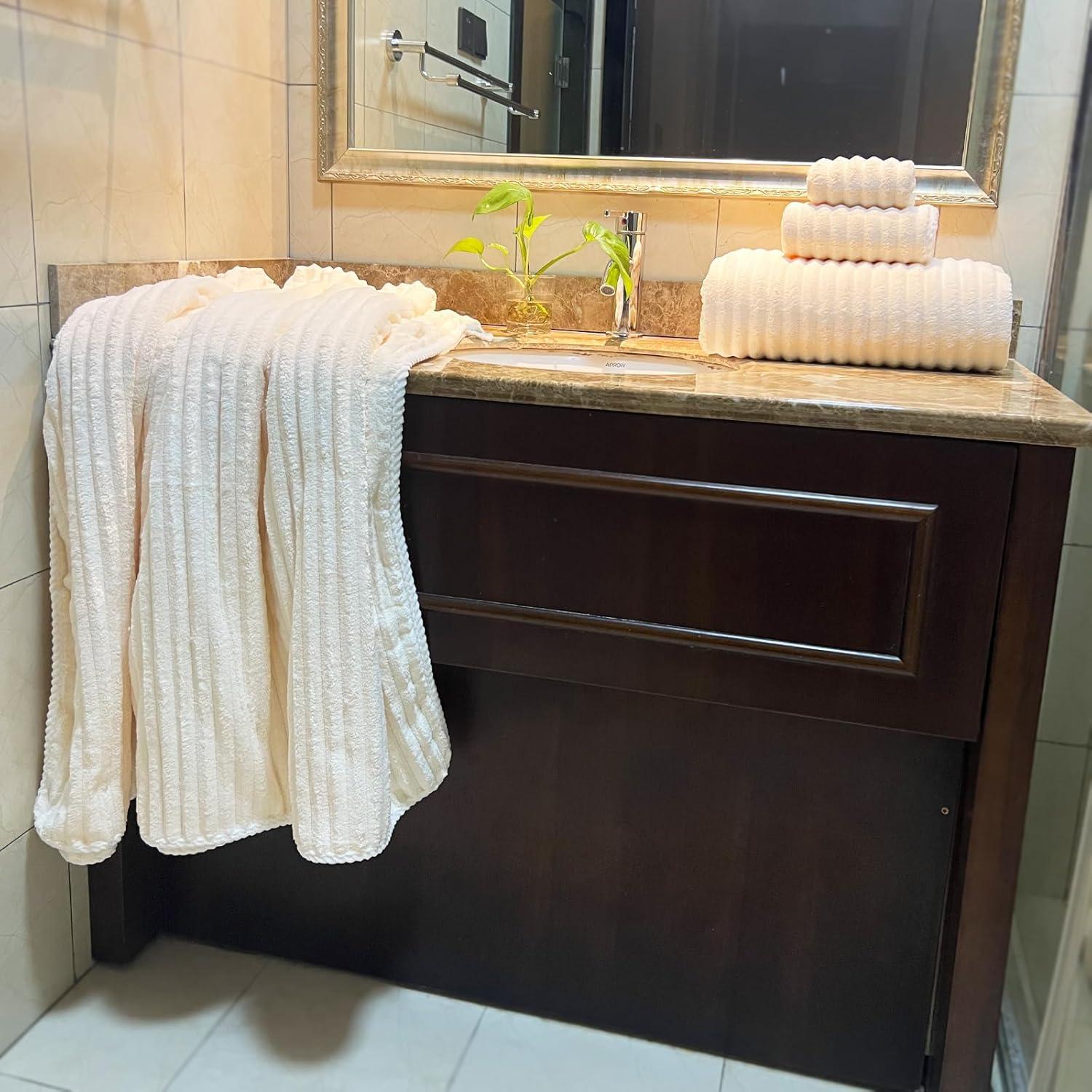 YTYC 39x78 Inches Oversized Bath Sheets Towels Set of 6 Large Towels for Bathroom Luxry Plush Super Soft Absorbent Stripe Hanging Loop Microfiber 80% Polyester (Cream,6)