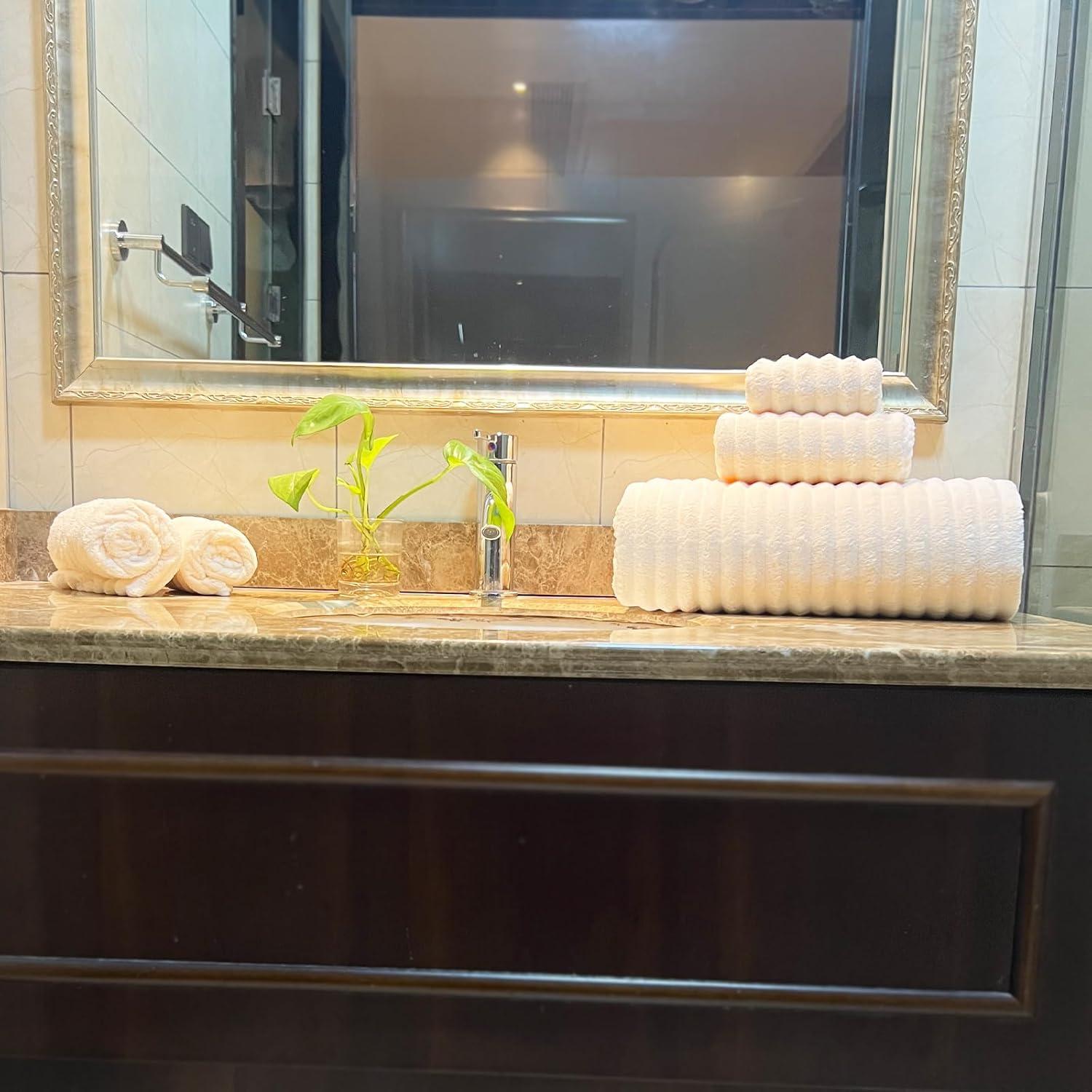 YTYC 39x78 Inches Oversized Bath Sheets Towels Set of 6 Large Towels for Bathroom Luxry Plush Super Soft Absorbent Stripe Hanging Loop Microfiber 80% Polyester (Cream,6)