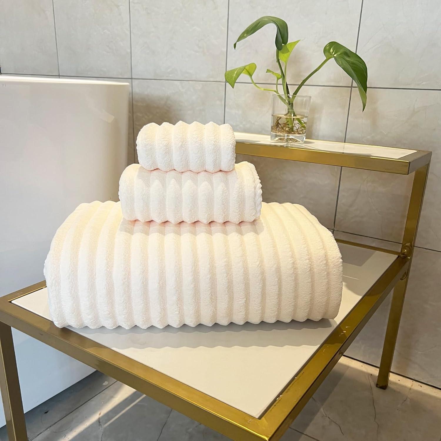 YTYC 39x78 Inches Oversized Bath Sheets Towels Set of 6 Large Towels for Bathroom Luxry Plush Super Soft Absorbent Stripe Hanging Loop Microfiber 80% Polyester (Cream,6)