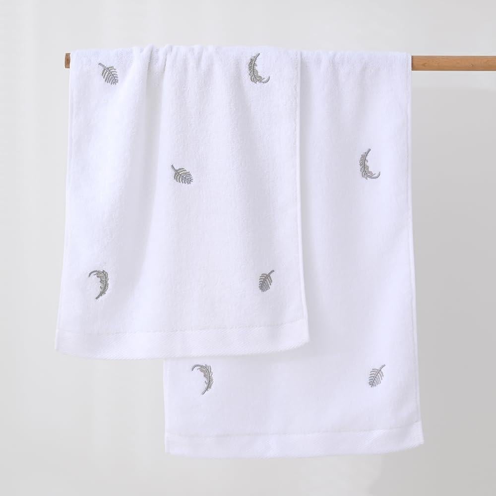 Conjunto 2 Toallas de Mano YiLUOMO 100% Algodón Bordadas Plumas