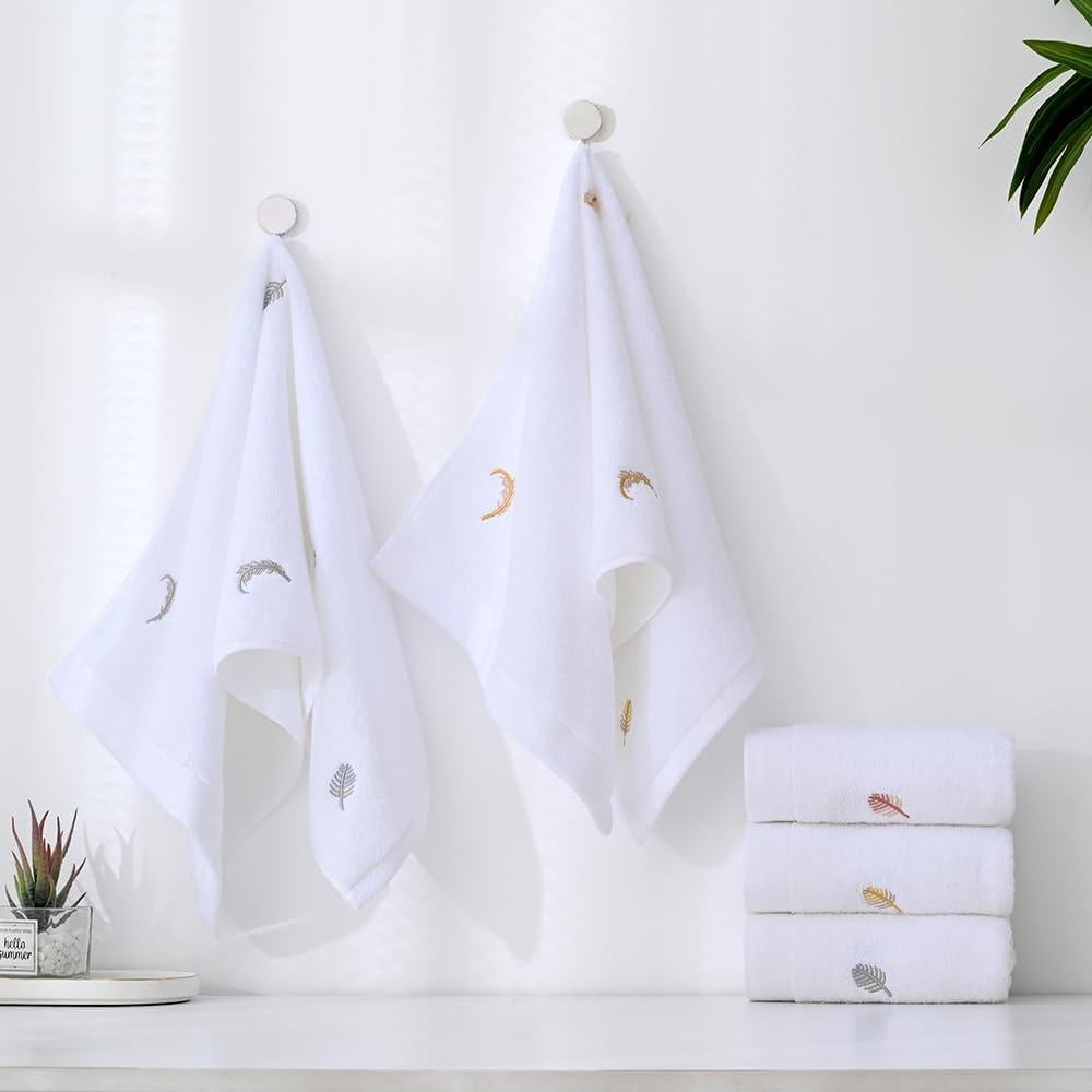 Conjunto 2 Toallas de Mano YiLUOMO 100% Algodón Bordadas Plumas