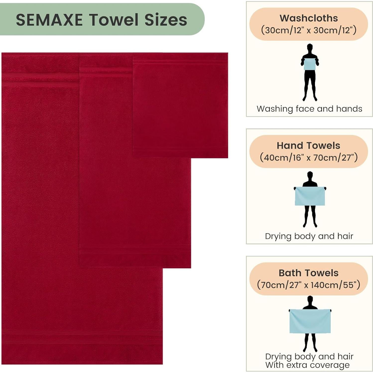 Conjunto de Toallas SEMAXE 6 Piezas 100% Algodón Rojo 600GSM