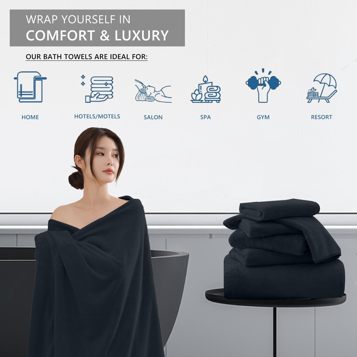 Juego de Toallas de Baño Extra Grande 4 Piezas MAGGEA Negro