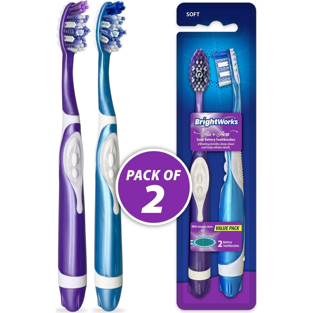 Cepillo de dientes eléctrico BrightWorks Sonic a pilas - 2 unidades