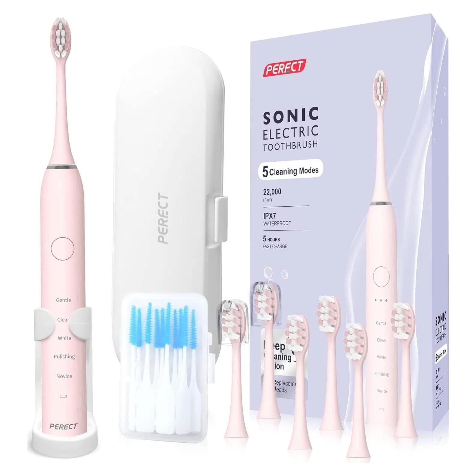 Cepillo de dientes eléctrico PERECT rosa con 6 cabezales y 5 modos