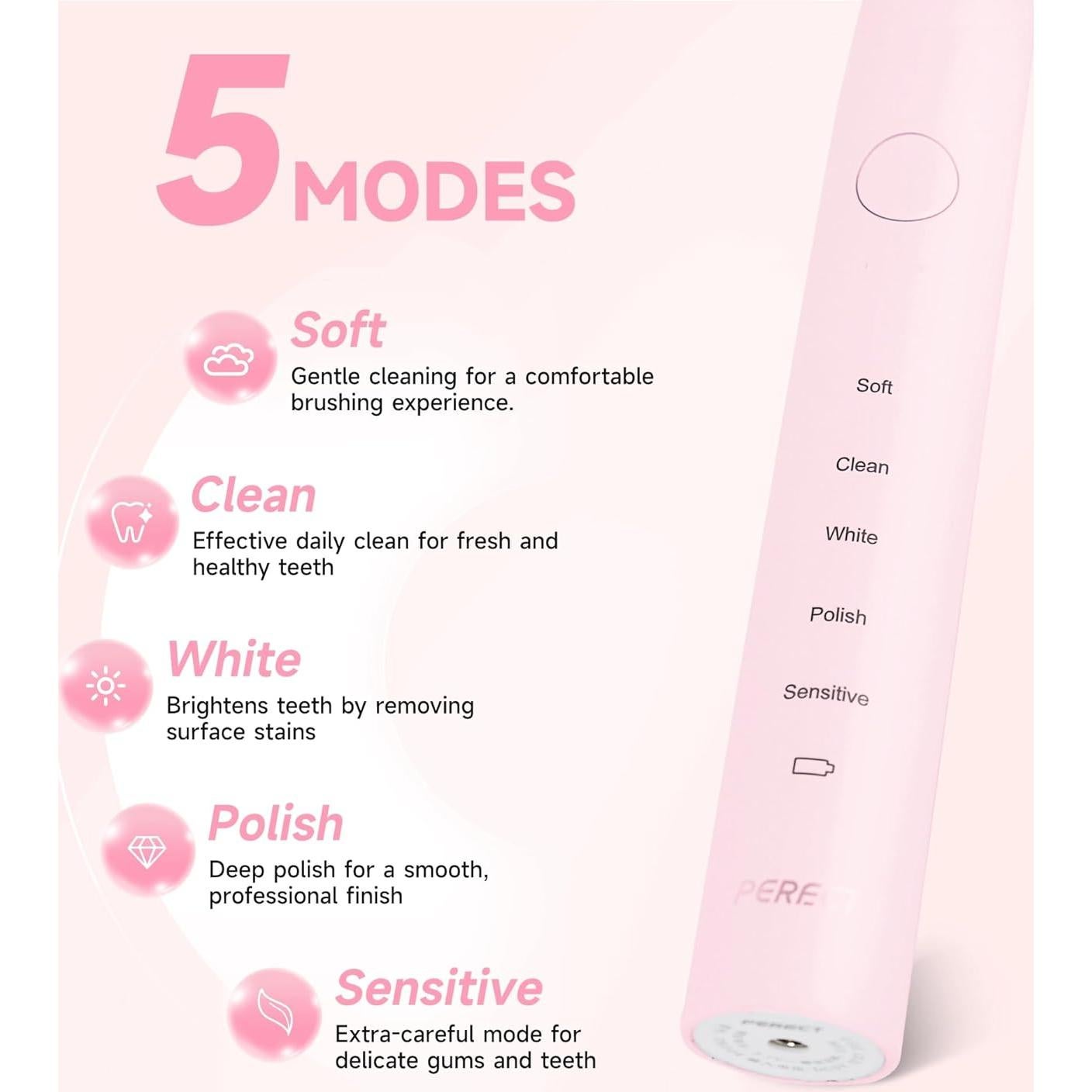 Cepillo de dientes eléctrico PERECT rosa con 6 cabezales y 5 modos