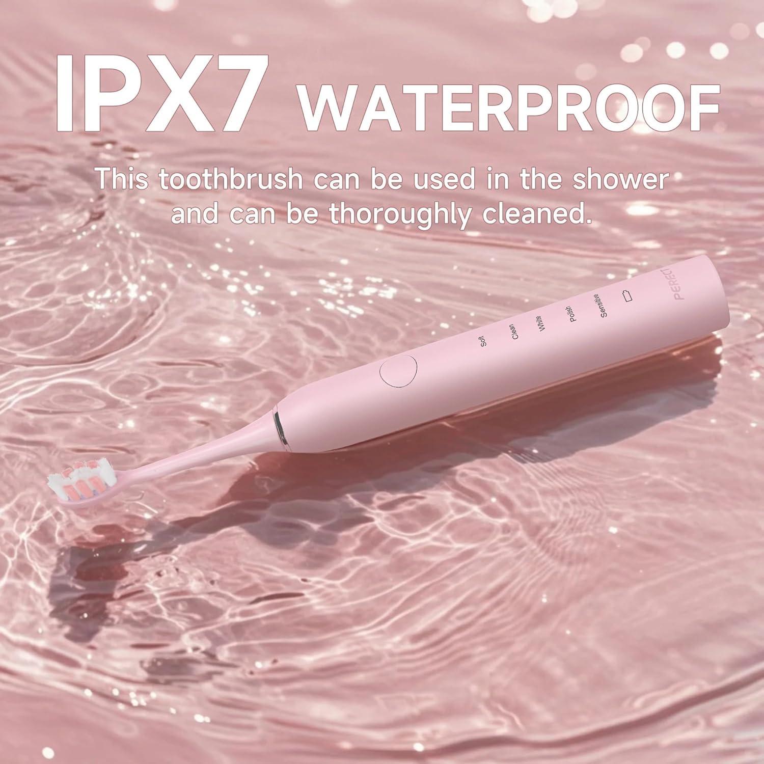 Cepillo de dientes eléctrico PERECT rosa con 6 cabezales y 5 modos