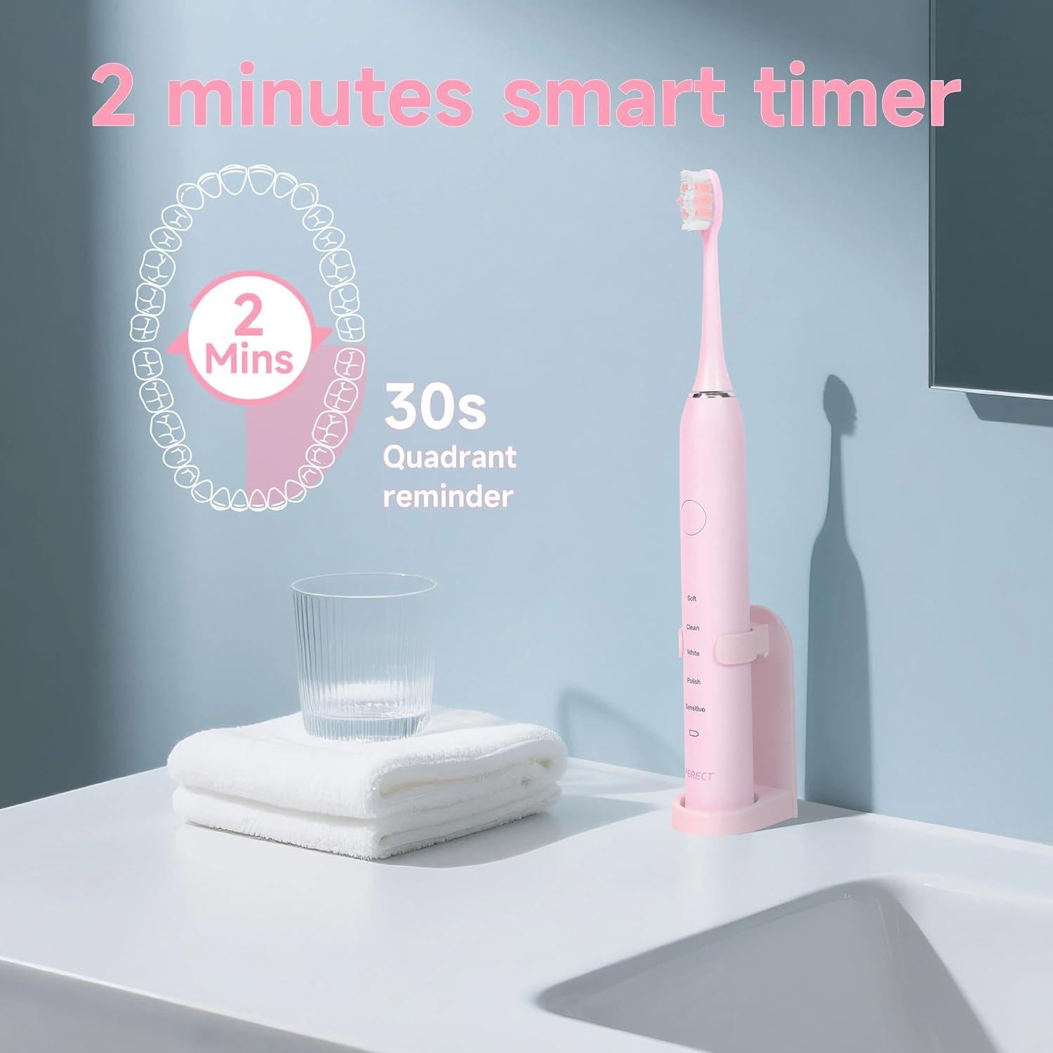 Cepillo de dientes eléctrico PERECT rosa con 6 cabezales y 5 modos