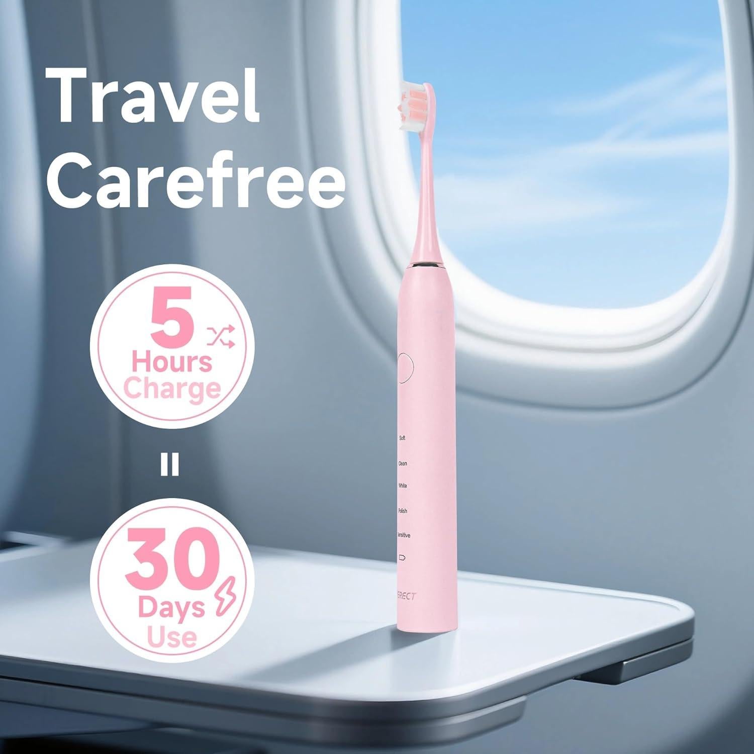 Cepillo de dientes eléctrico PERECT rosa con 6 cabezales y 5 modos