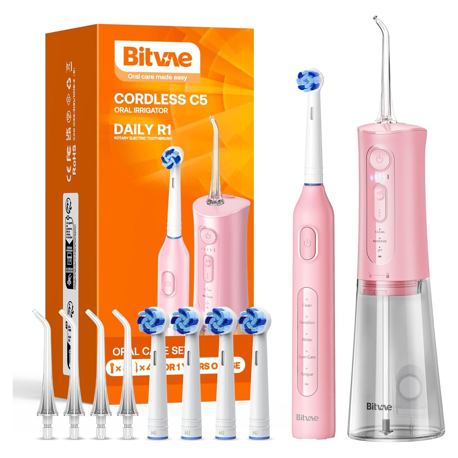 Water Dental Flosser Teeth Picks, Cordless Water Flosser for Teeth, Braces, Dental Care and Rechargeable Rotary Electric Toothbrush Combo Set, 4 Tips, 4 Brush Heads, Waterproof, Black, C5+R1