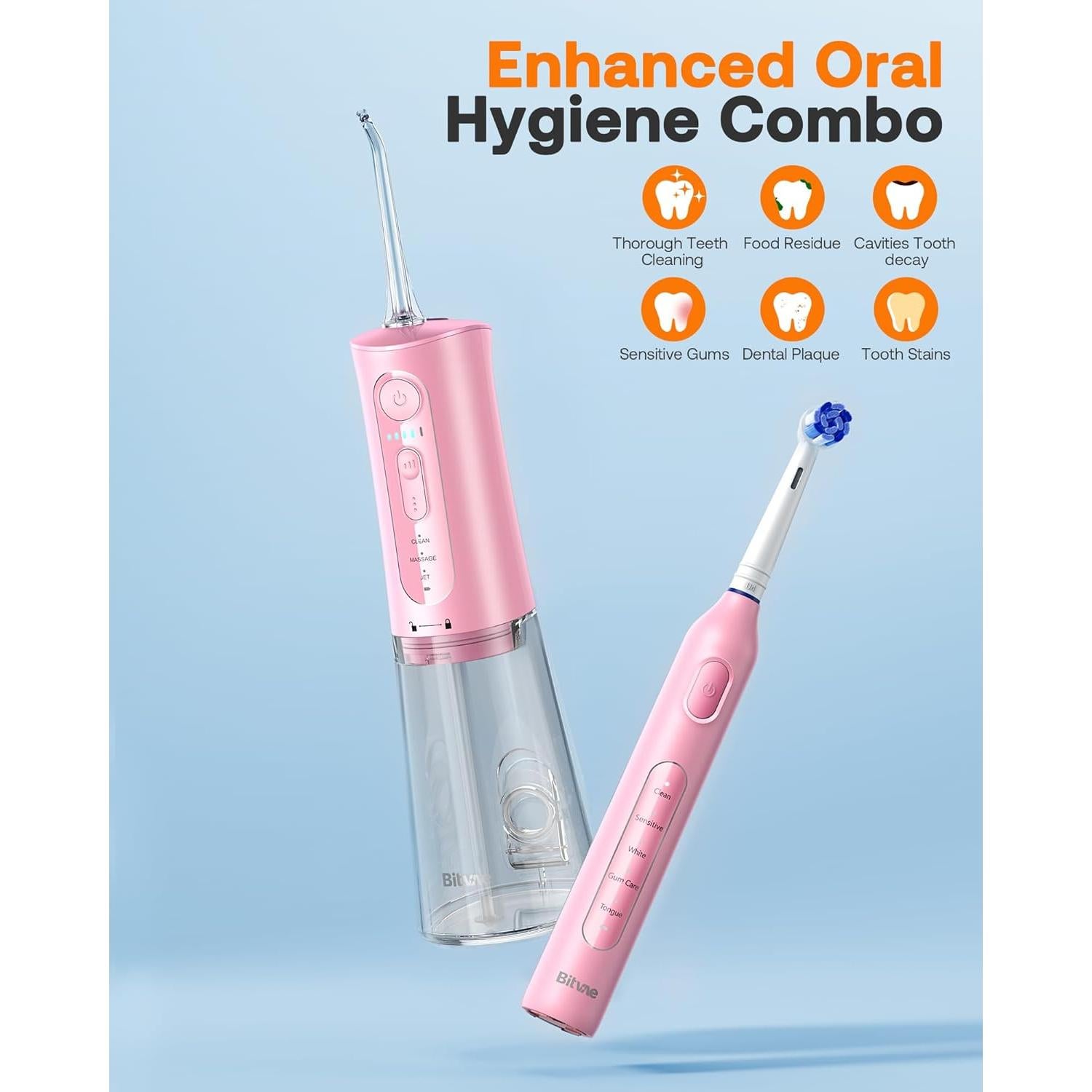 Water Dental Flosser Teeth Picks, Cordless Water Flosser for Teeth, Braces, Dental Care and Rechargeable Rotary Electric Toothbrush Combo Set, 4 Tips, 4 Brush Heads, Waterproof, Black, C5+R1