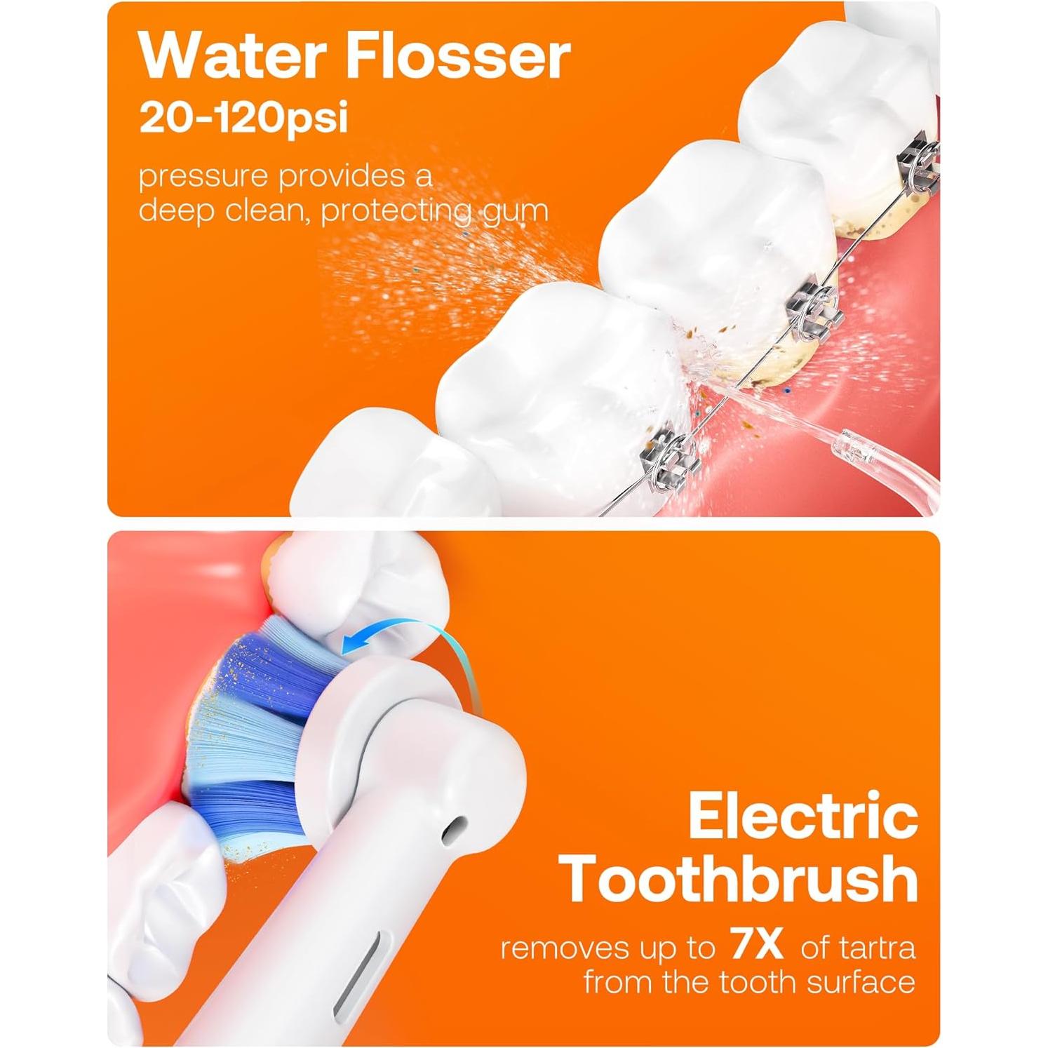 Water Dental Flosser Teeth Picks, Cordless Water Flosser for Teeth, Braces, Dental Care and Rechargeable Rotary Electric Toothbrush Combo Set, 4 Tips, 4 Brush Heads, Waterproof, Black, C5+R1