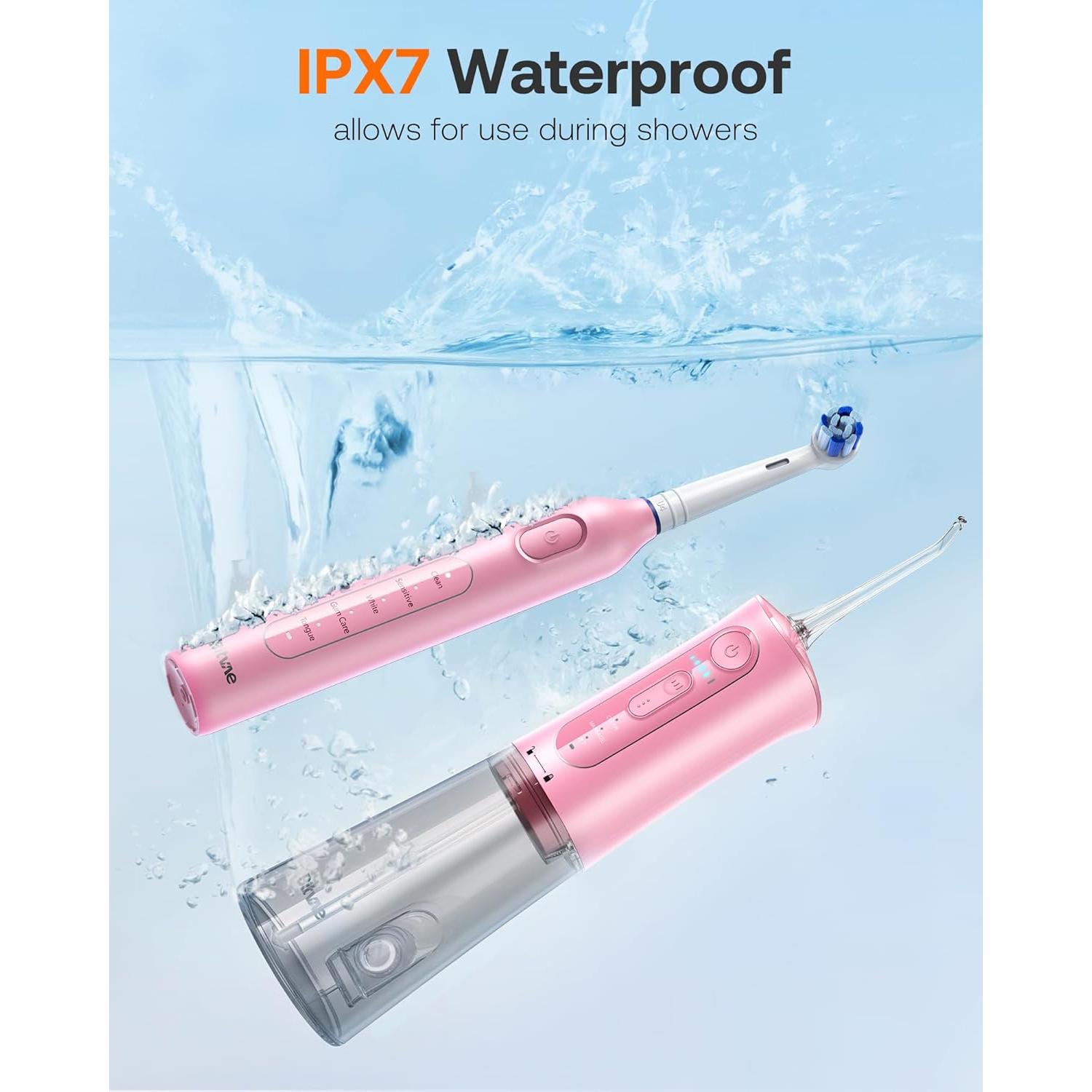 Water Dental Flosser Teeth Picks, Cordless Water Flosser for Teeth, Braces, Dental Care and Rechargeable Rotary Electric Toothbrush Combo Set, 4 Tips, 4 Brush Heads, Waterproof, Black, C5+R1