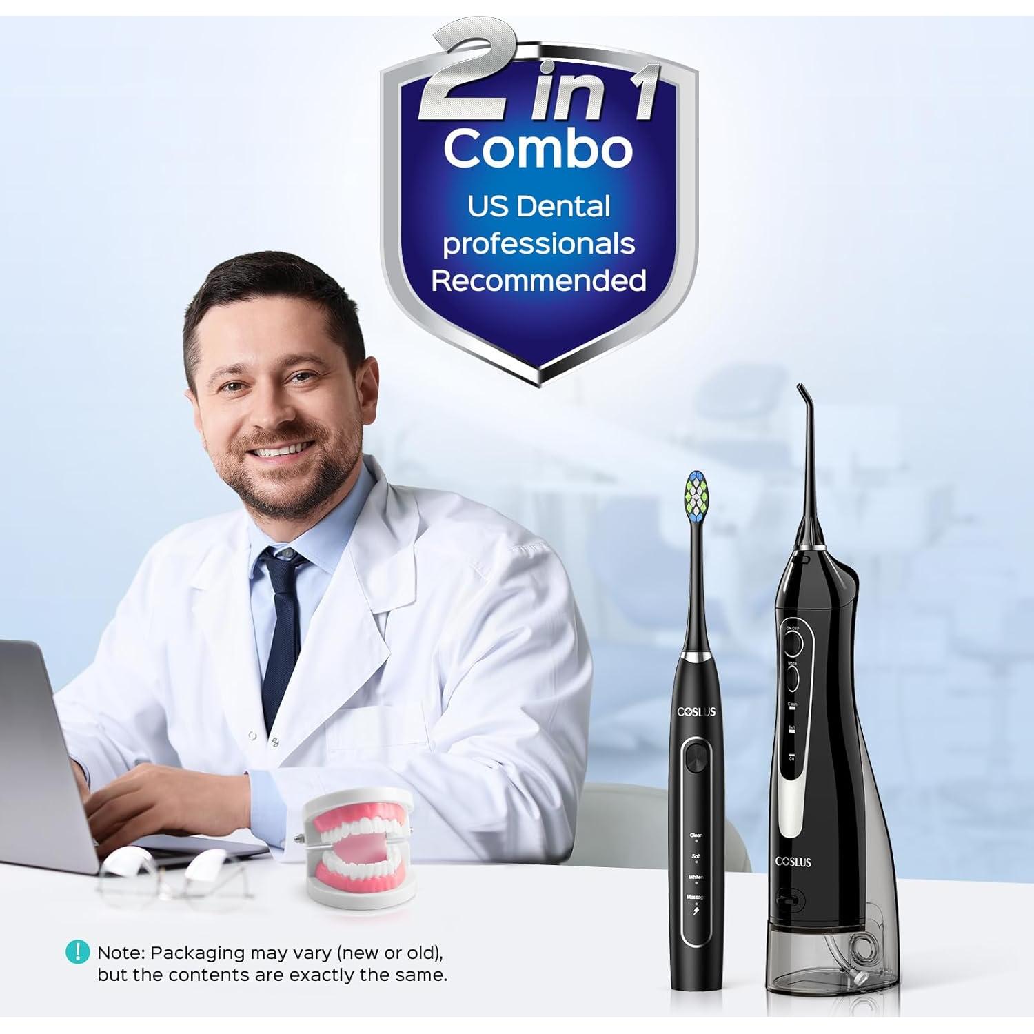 COSLUS Irrigador Dental Portátil y Cepillo Eléctrico 2 en 1