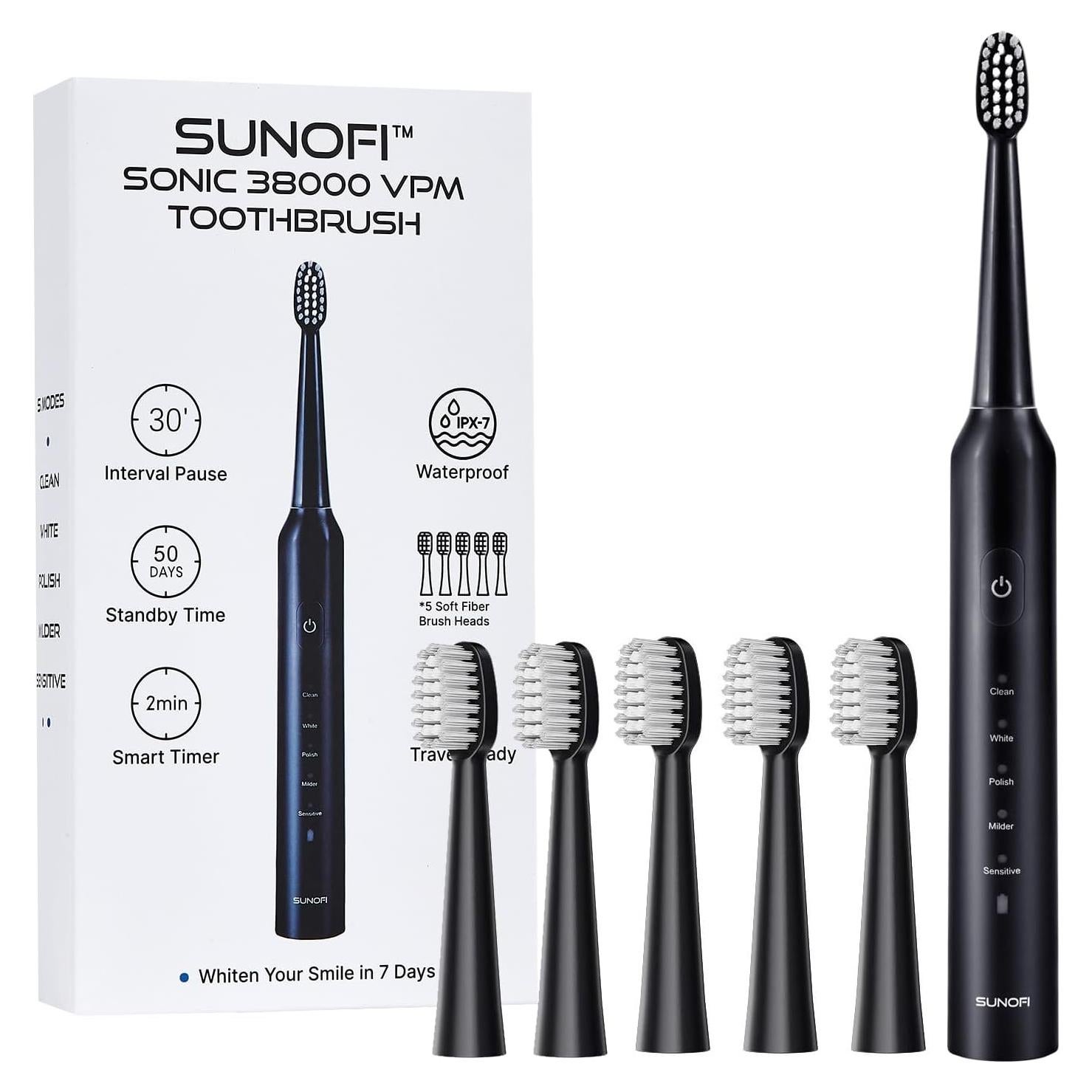 Cepillo de Dientes Eléctrico Sonic SunoFi Negro 5 Modos IPX7