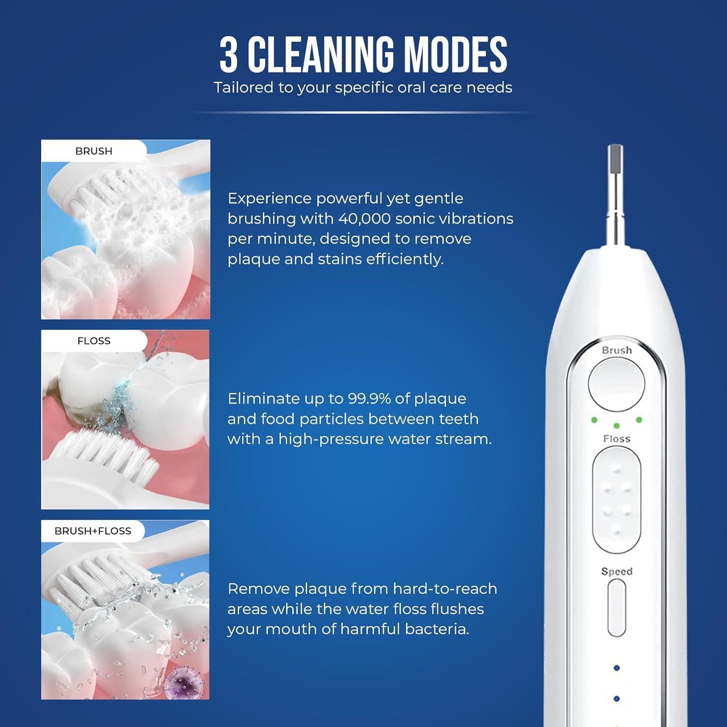 Cepillo de dientes eléctrico 2 en 1 Synergy Brands - Hilo dental y 40k vibraciones