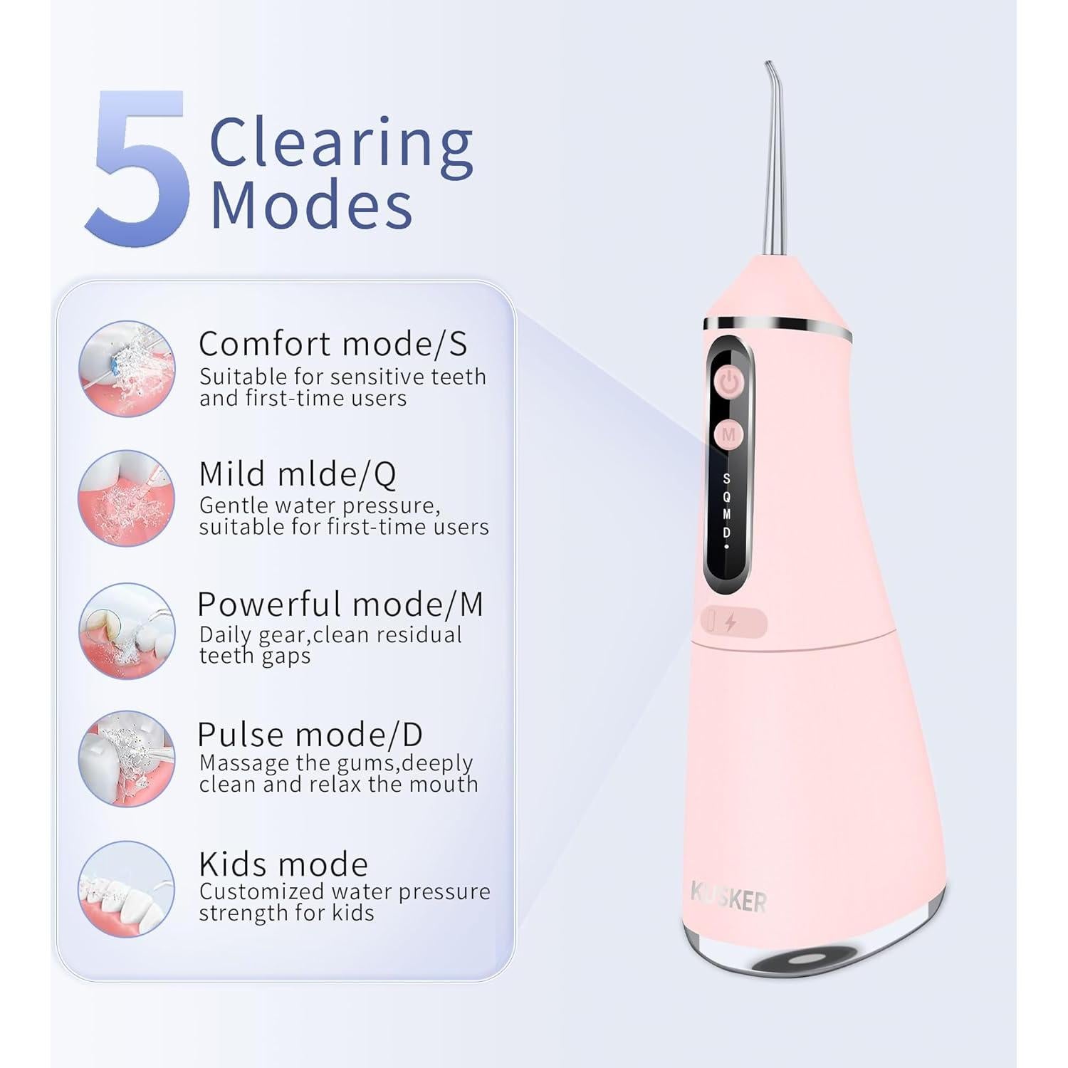 Irrigador Oral Inalámbrico KUSKER 500ML Rosa Cálido 5 Modos