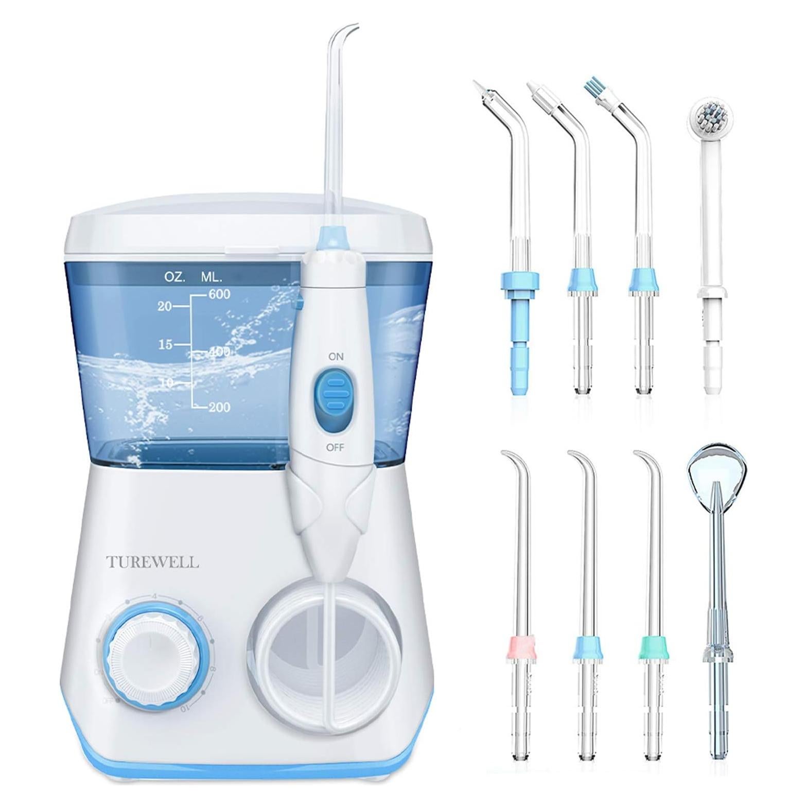 Irrigador Oral TUREWELL 600ML con 10 Presiones Ajustables y 8 Puntas