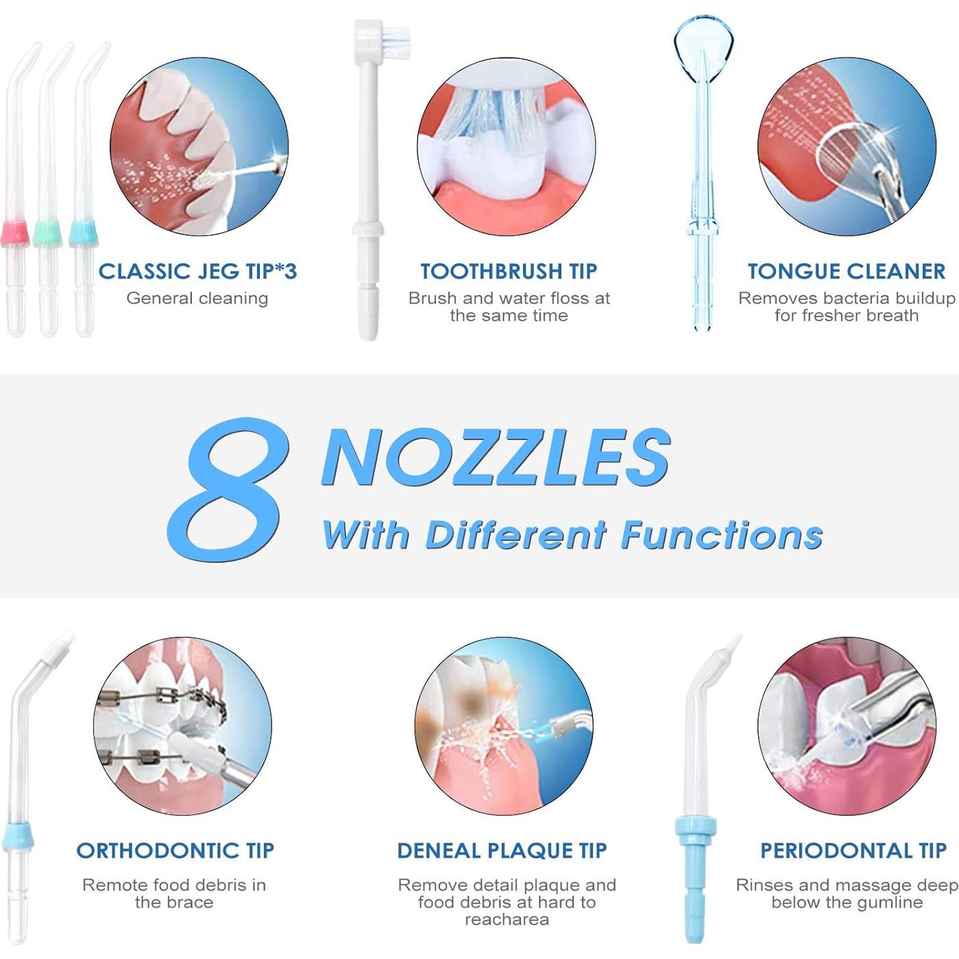 Irrigador Oral TUREWELL 600ML con 10 Presiones Ajustables y 8 Puntas