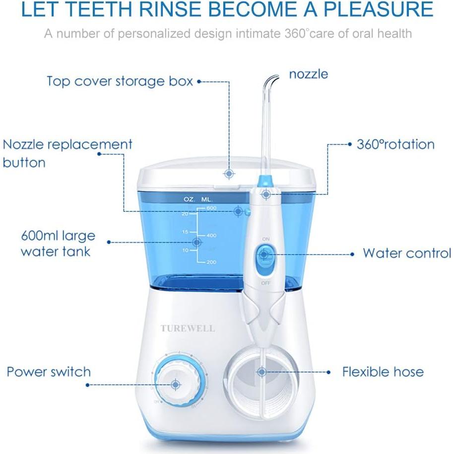Irrigador Oral TUREWELL 600ML con 10 Presiones Ajustables y 8 Puntas