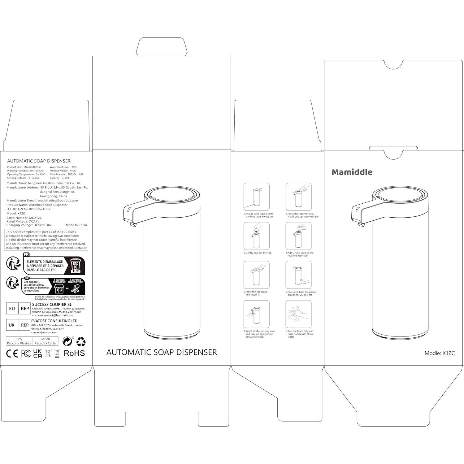 Dispensador Automático de Jabón Mamiddle Negro 300ml USB-C IPX5