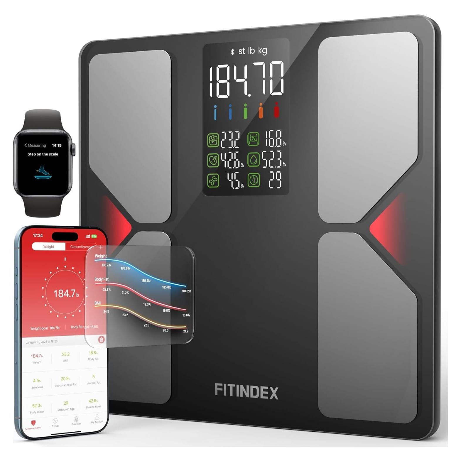 Báscula Inteligente FITINDEX 225kg Bluetooth con Pantalla LED