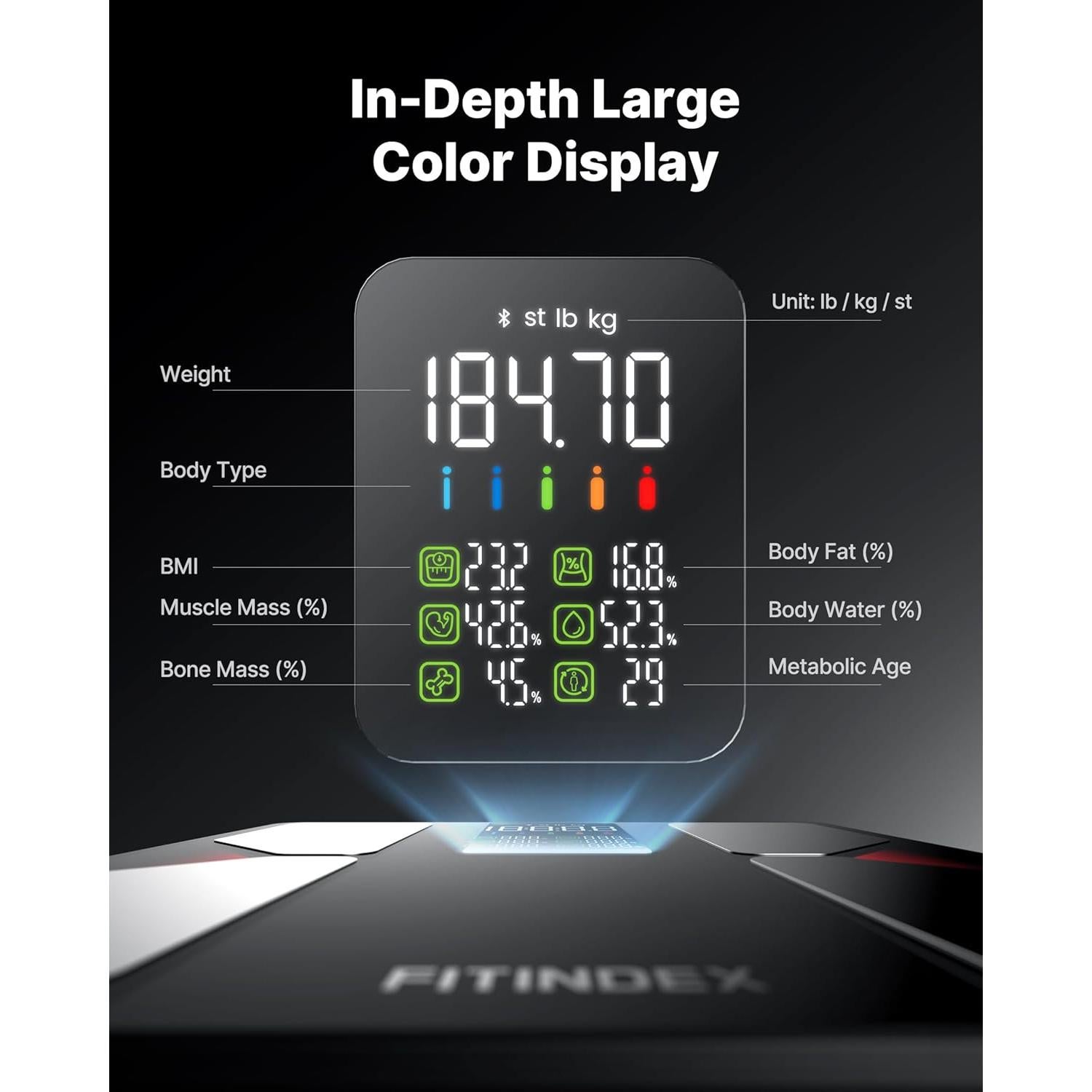 Báscula Inteligente FITINDEX 225kg Bluetooth con Pantalla LED