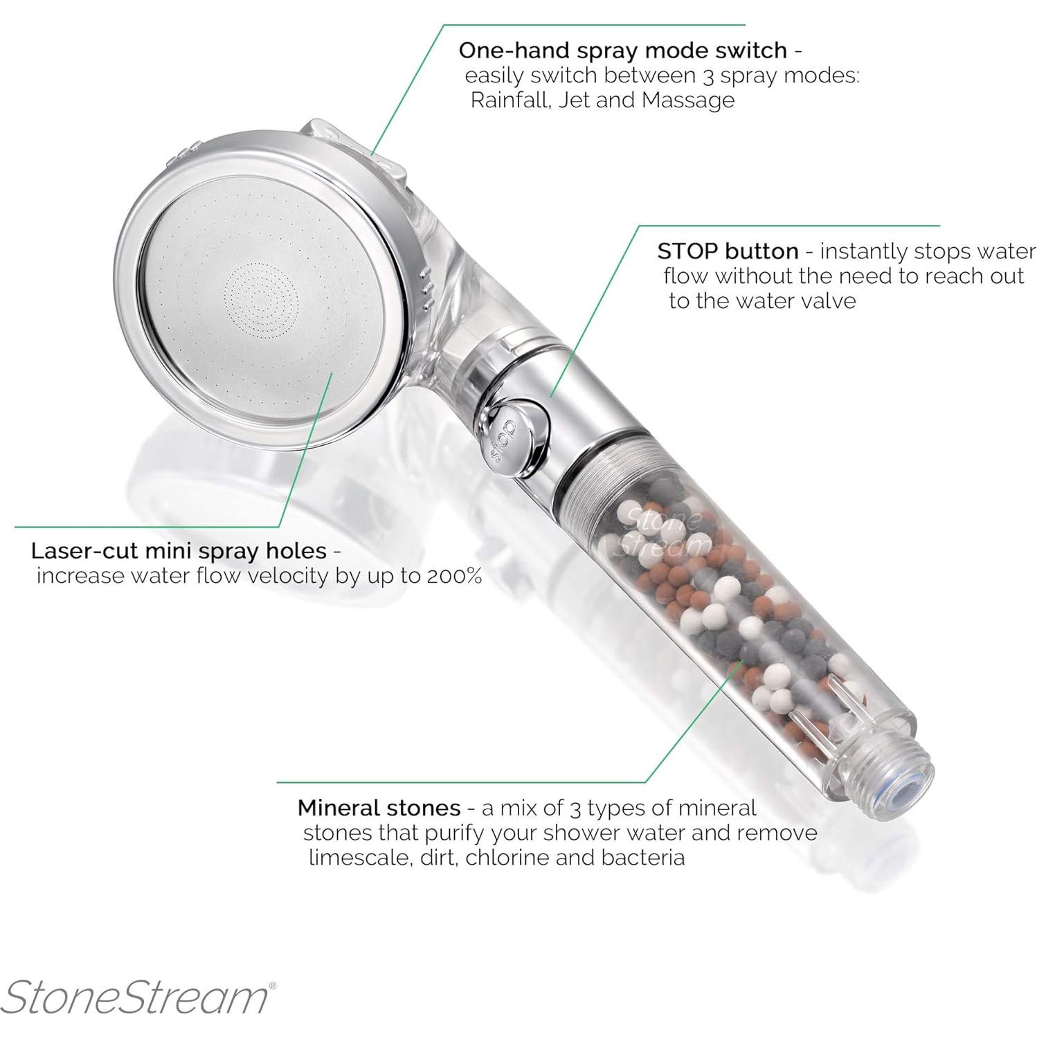 Cabezal de Ducha de Mano y Pared StoneStream EcoPower 3 Funciones