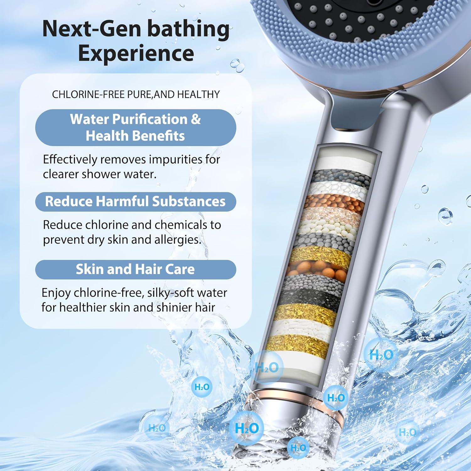 Cabezal de Ducha Filtrado QCHZON con 4 Modos y Manguera 150 cm