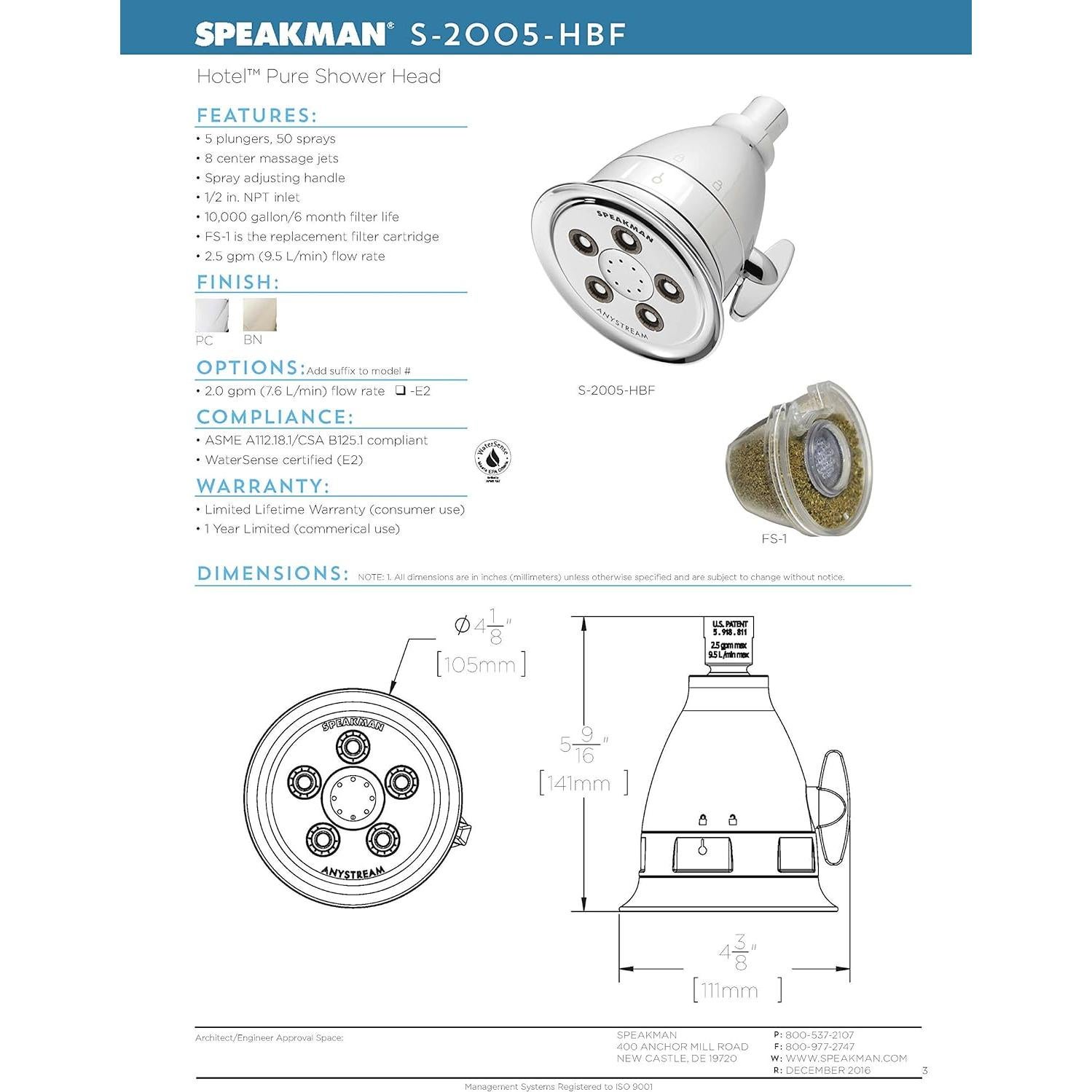 Cabezal de Ducha Filtrado Speakman S-2005-HBF 2.5 GPM Cromo
