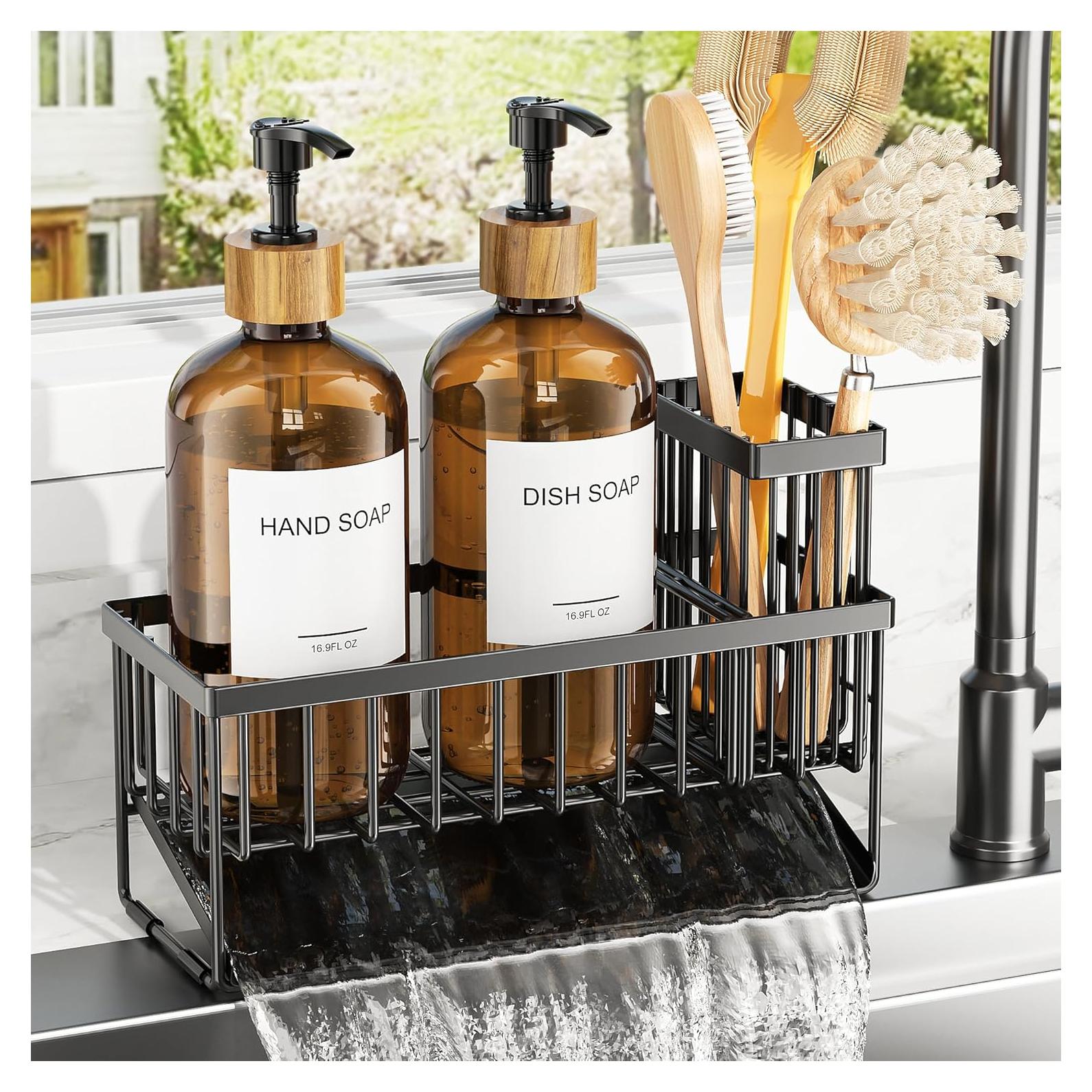 Juego de dispensador de jabón Cisily con 2 botellas de vidrio ámbar