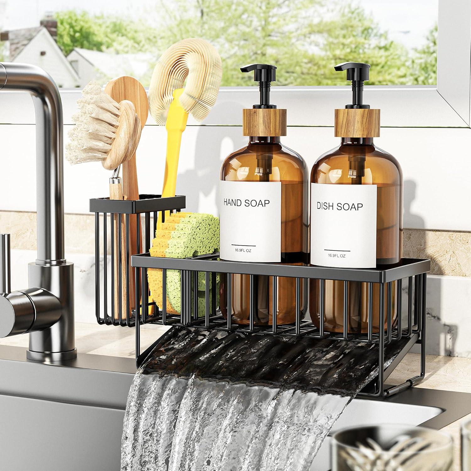 Juego de dispensador de jabón Cisily con 2 botellas de vidrio ámbar