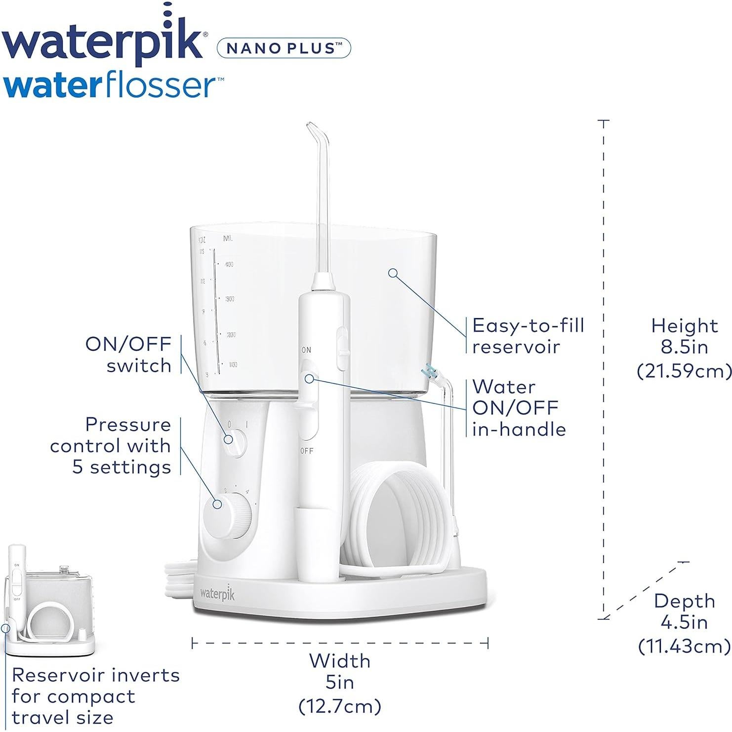 Hilo Dental Eléctrico Waterpik Nano Plus WP-320, Portátil, 4 Puntas